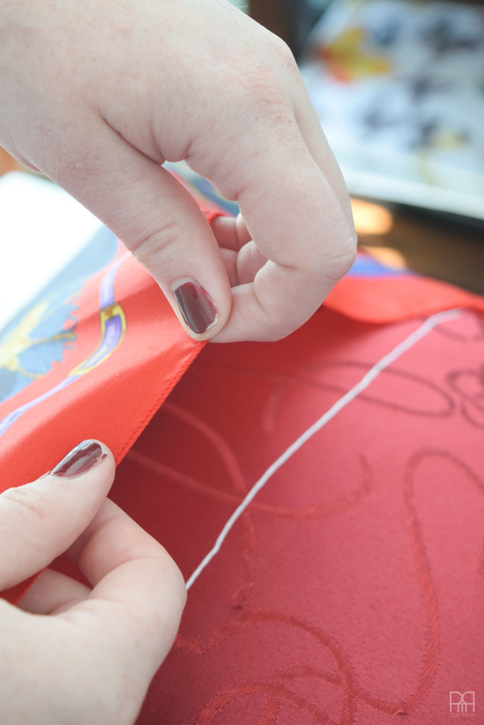 Thrifted Scarf Pillows  being sewn