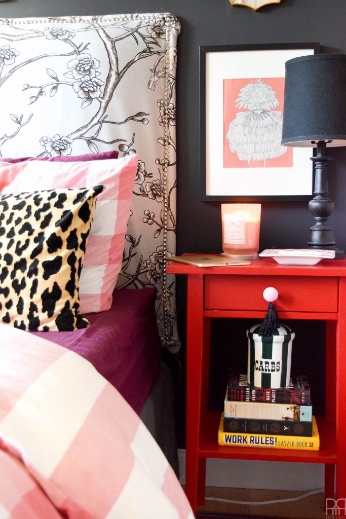 A Black & Bold master bedroom that shines in a rental house. Bold accents and saturated hues 