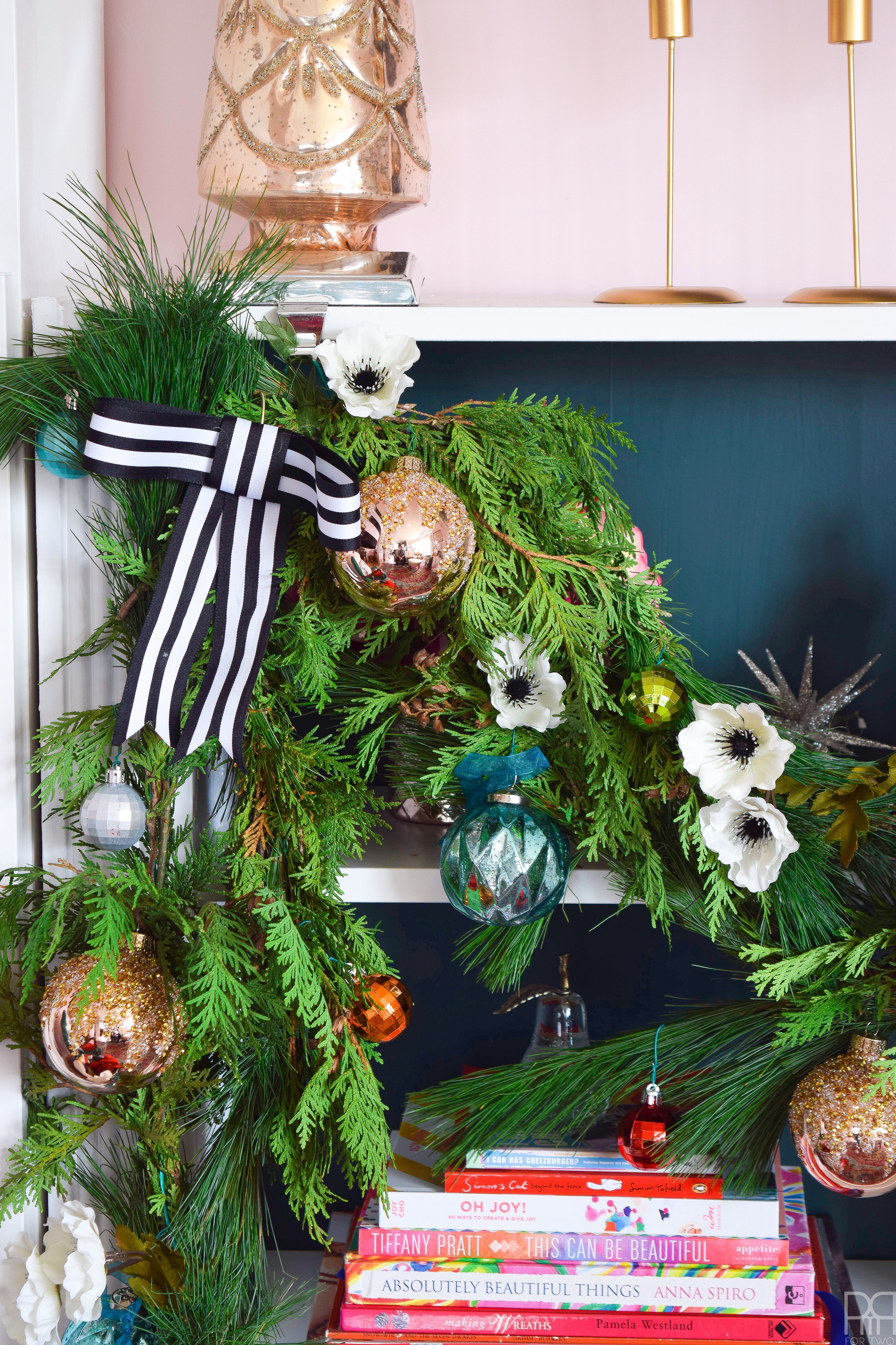 Creating a colourful & Eclectic Holiday Mantel is as easy with fresh greenery, florals and colourful baubles.