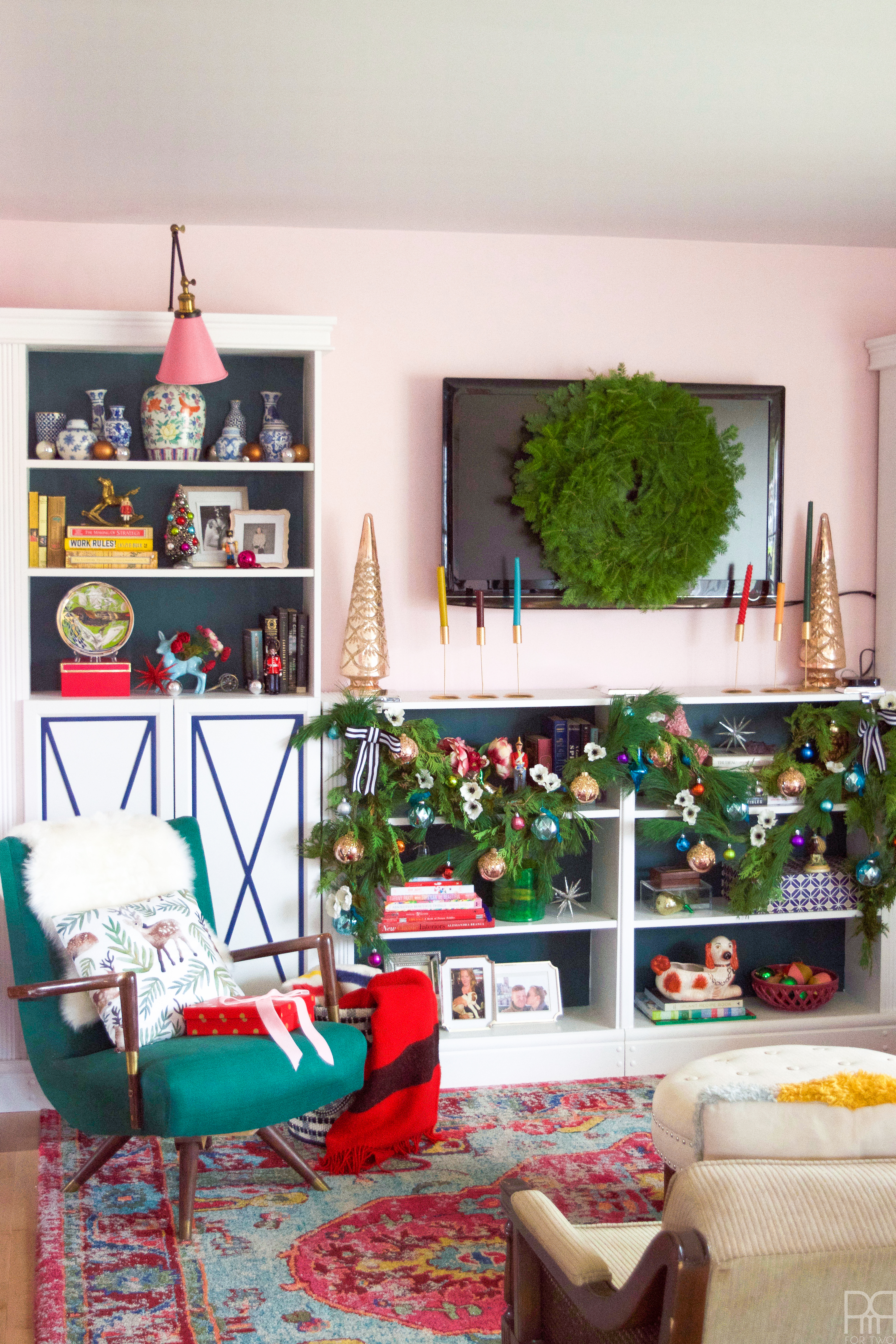 Creating a colourful & Eclectic Holiday Mantel is as easy with fresh greenery, florals and colourful baubles.