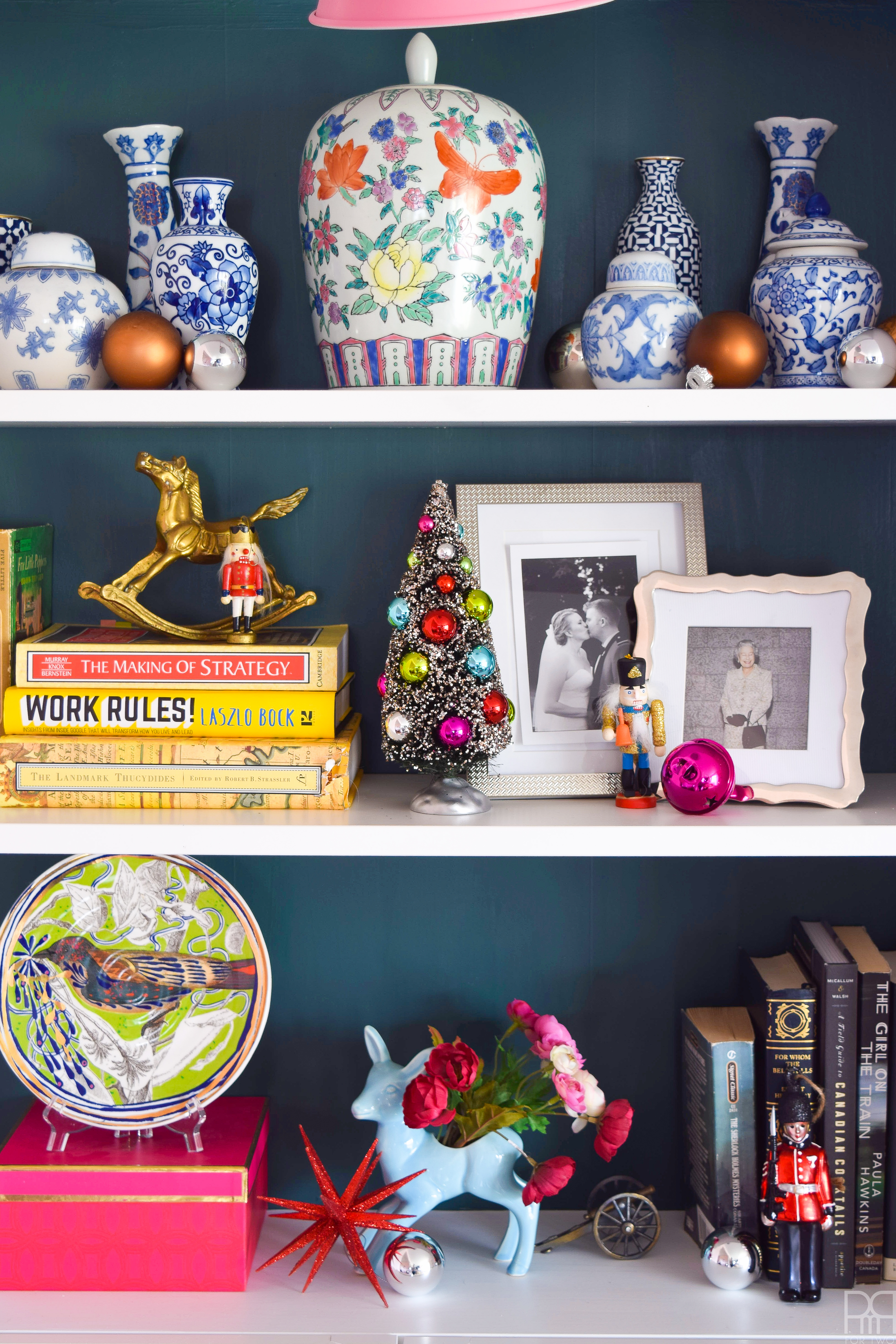 Creating a colourful & Eclectic Holiday Mantel is as easy with fresh greenery, florals and colourful baubles.