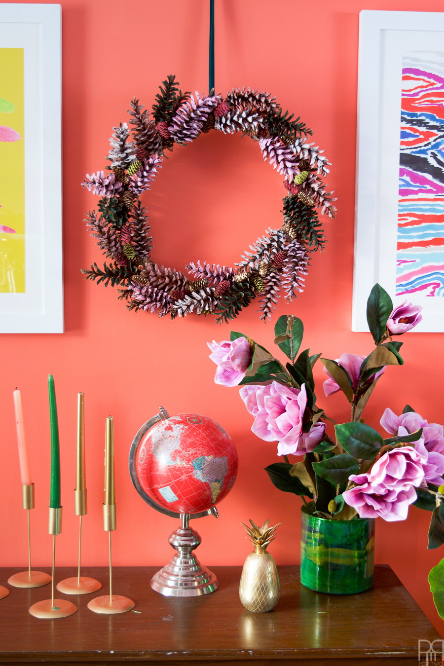 I painted pinecones in beautiful on-trend hues, and gluing them to a wreath - easy as 1-2-3!