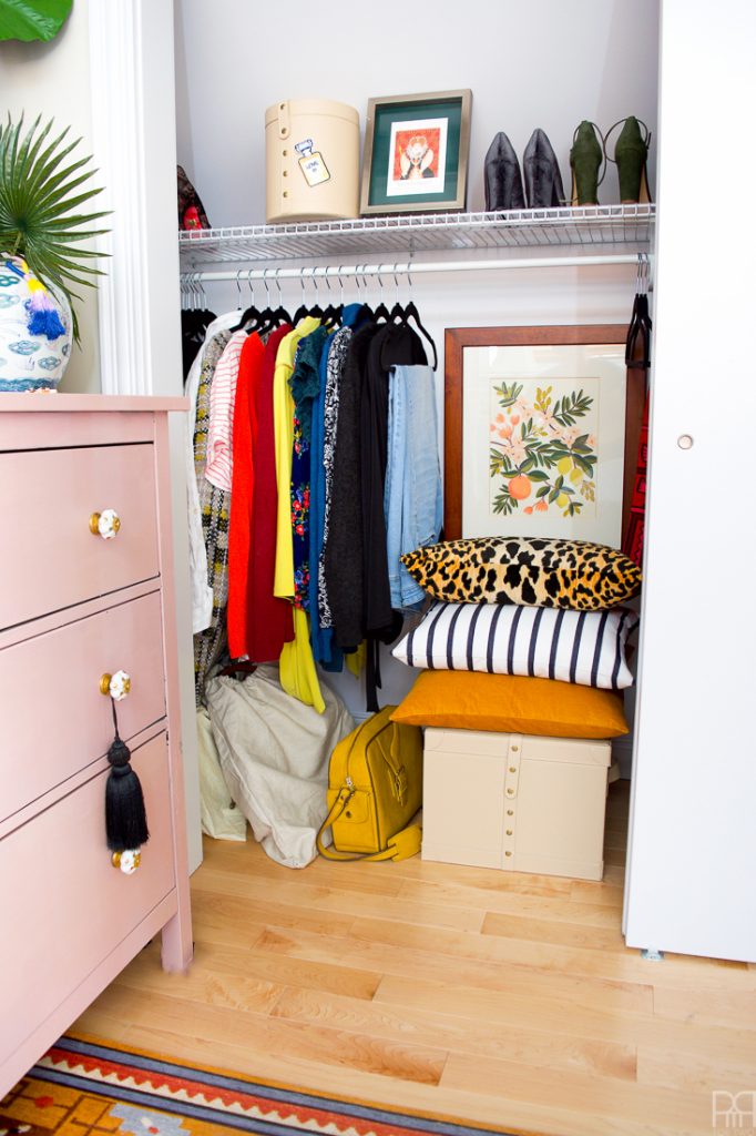 With the help of a zebra wicker laundry hamper named Wilfredo (from the craftsman at MacKenzie-Childs) I turned out boring rental closet into an eclectic and functional situation complete with leather trunks for storing purses and space for all my high-heels.