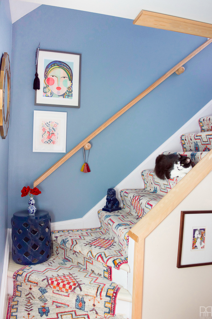 Using runners from Rugs USA I gave our staircase a makeover in a renter friendly way. Our staircase now looks like the main artery in our colourful and bold home instead of a space to hide. Head to the blog to see what products I used and why it's renter friendly.