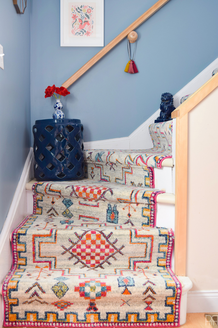 Using runners from Rugs USA I gave our staircase a makeover in a renter friendly way. Our staircase now looks like the main artery in our colourful and bold home instead of a space to hide. Head to the blog to see what products I used and why it's renter friendly.