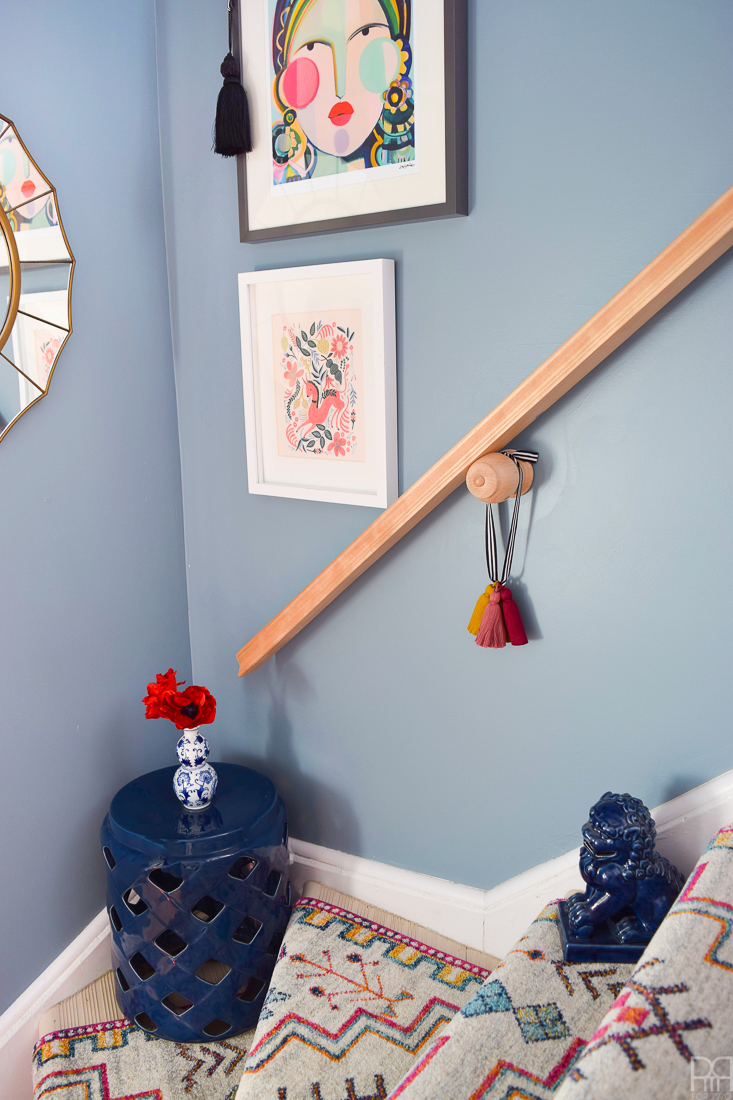 Renter Friendly Stairway RunnerUsing runners from Rugs USA I gave our staircase a makeover in a renter friendly way. Our staircase now looks like the main artery in our colourful and bold home instead of a space to hide. Head to the blog to see what products I used and why it's renter friendly.