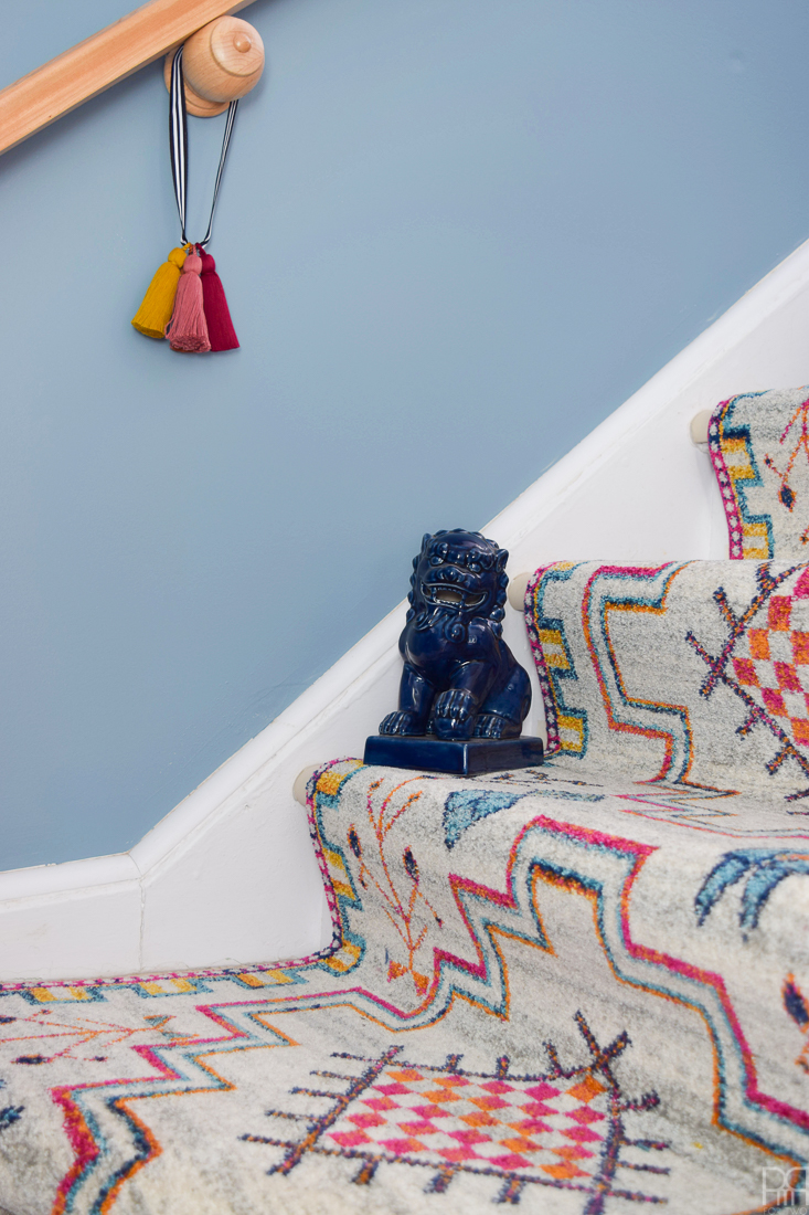 Using runners from Rugs USA I gave our staircase a makeover in a renter friendly way. Our staircase now looks like the main artery in our colourful and bold home instead of a space to hide. Head to the blog to see what products I used and why it's renter friendly.