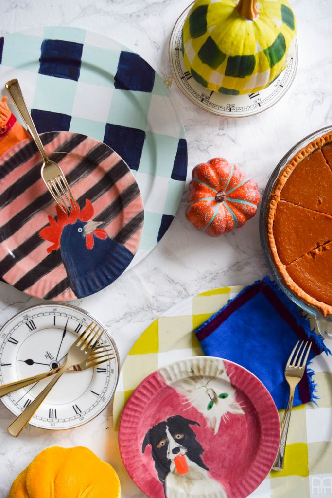 Using Americana's chalky finish paint you can cover-up ugly plastic plates and create beautiful painted plaid chargers.