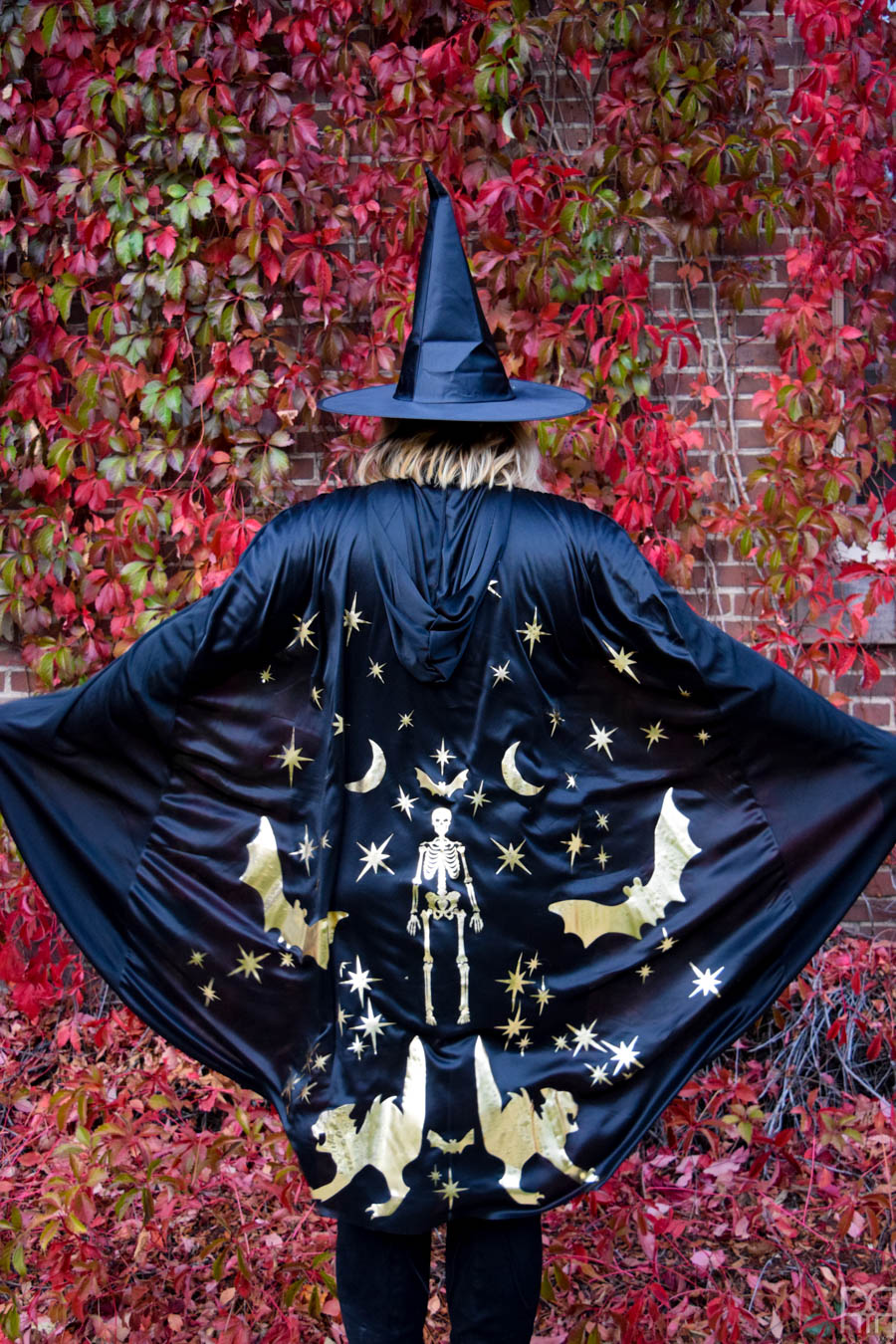 the back of a witches cape in front of a red leafwall