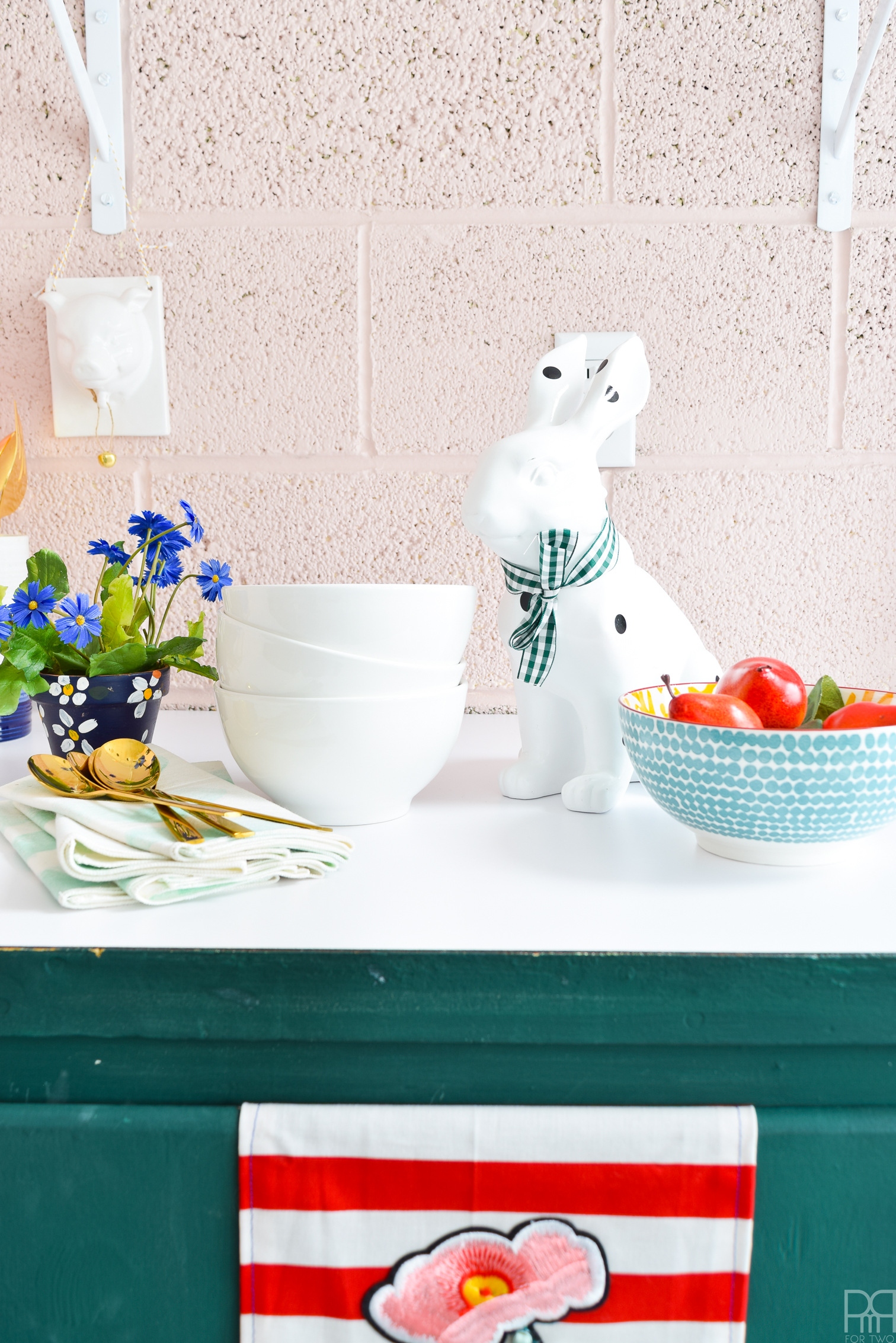 Eclectic Spring & Easter Decor means lots of bunnies with bowties, cherry blossoms and beautiful blooms, as well as thrifted chinoiserie and vibrant accessories. 