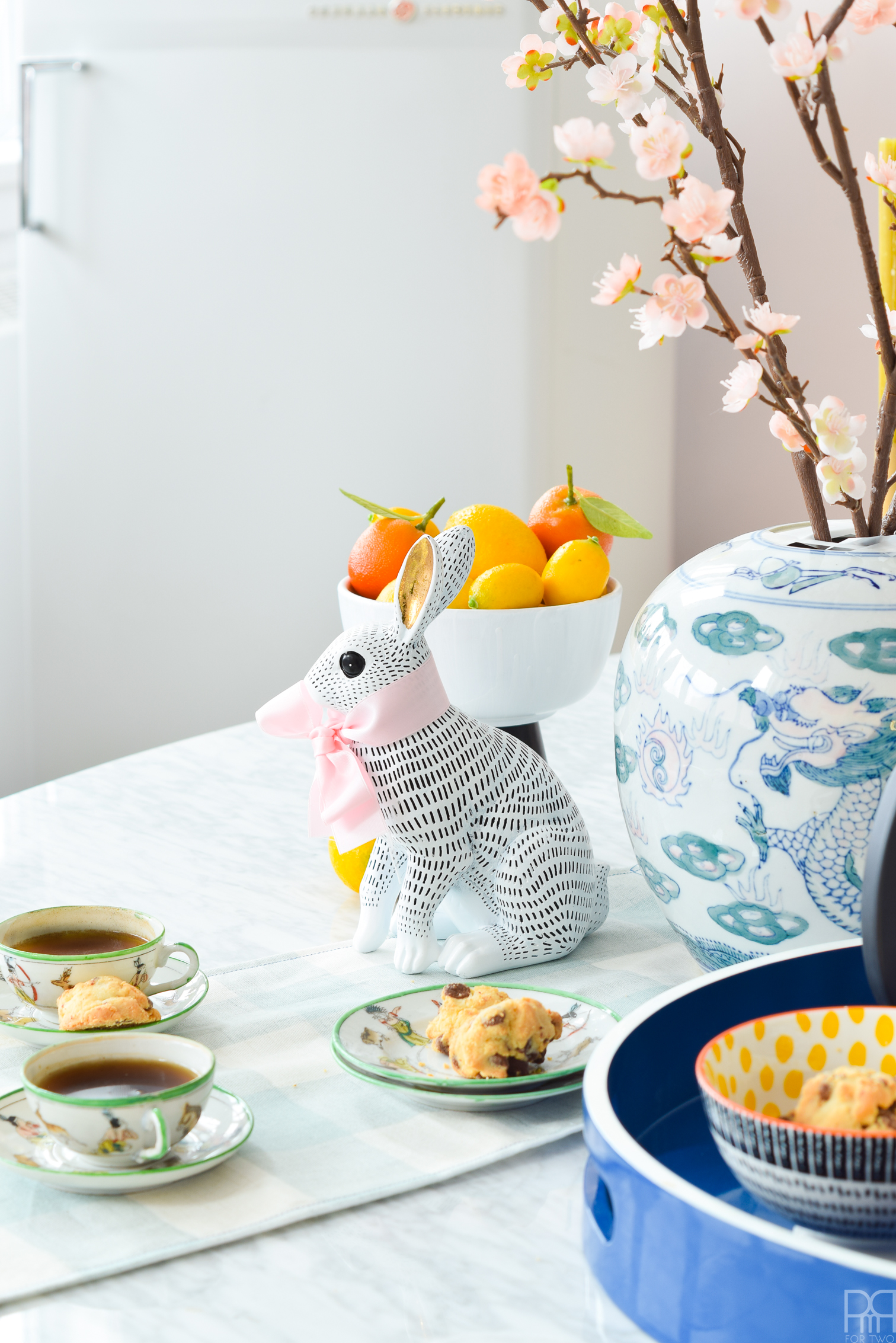 Eclectic Spring & Easter Decor means lots of bunnies with bowties, cherry blossoms and beautiful blooms, as well as thrifted chinoiserie and vibrant accessories. 