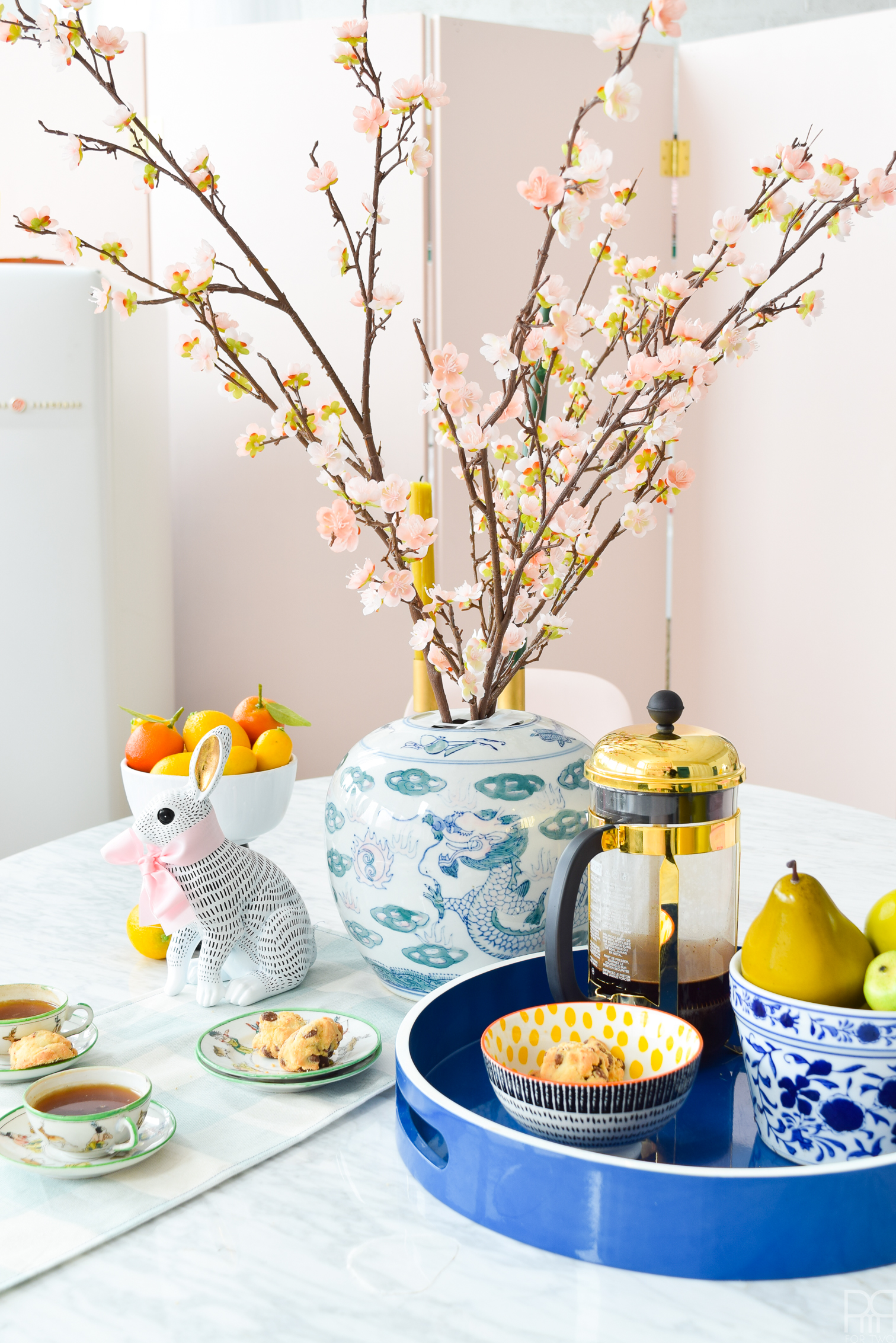 Eclectic Spring & Easter Decor means lots of bunnies with bowties, cherry blossoms and beautiful blooms, as well as thrifted chinoiserie and vibrant accessories. 