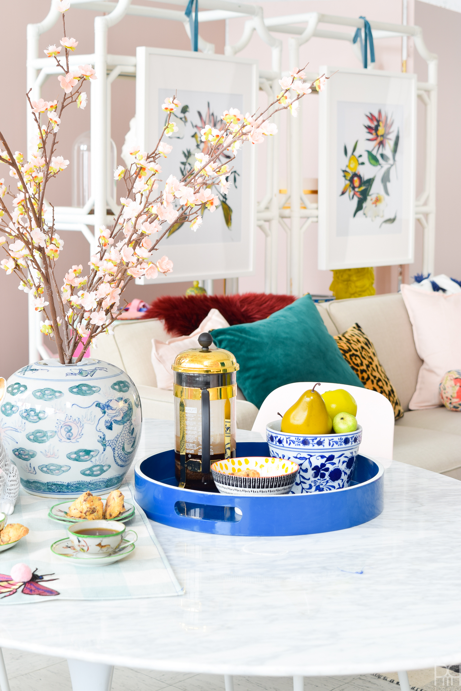 Eclectic Spring & Easter Decor means lots of bunnies with bowties, cherry blossoms and beautiful blooms, as well as thrifted chinoiserie and vibrant accessories. 