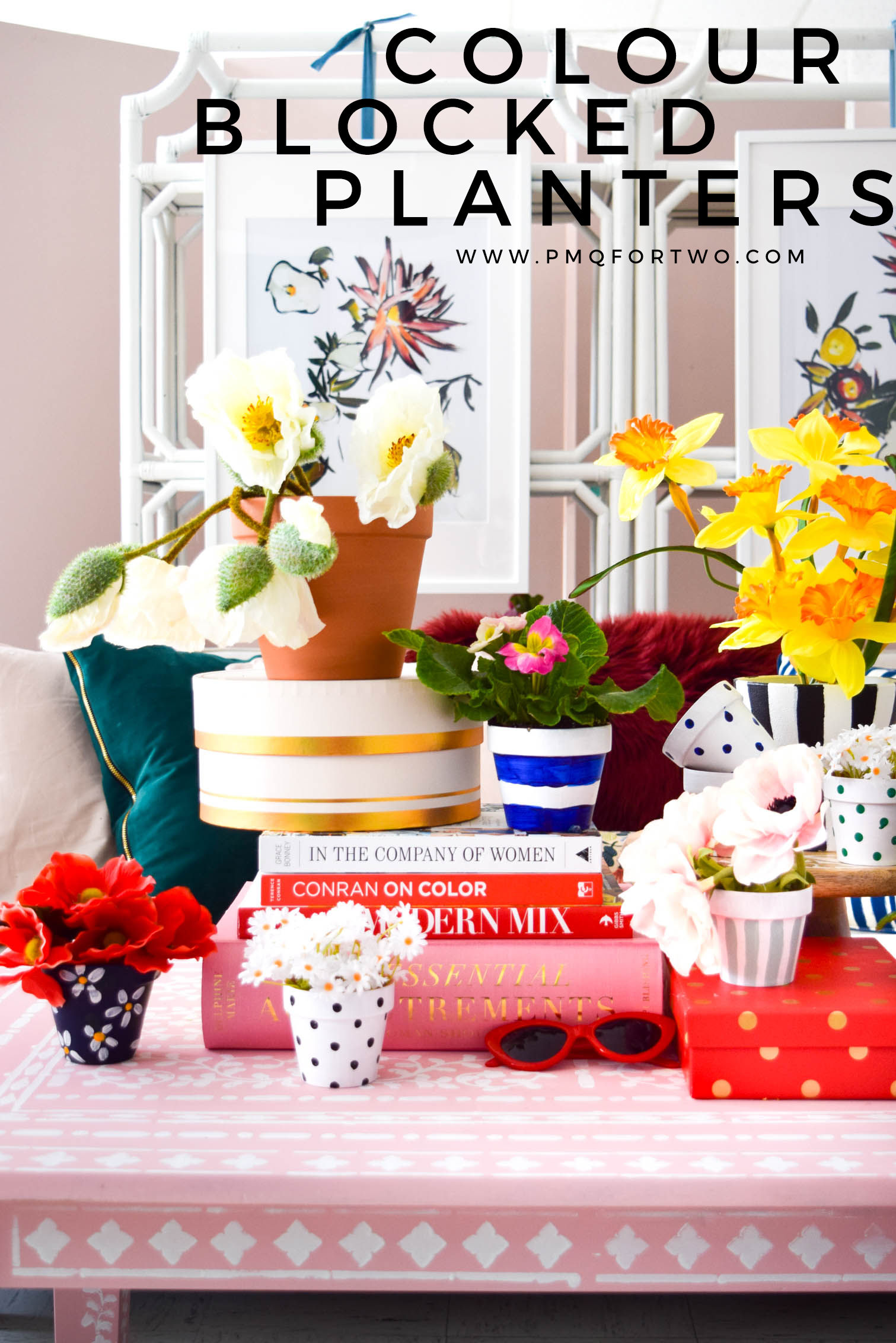 Colour Blocked Planters totally inspired by Kate Spade's glam floral prints and classic colours. By using DecoArt's line of outdoor paints you'll be able to move them outdoors once the weather changes.