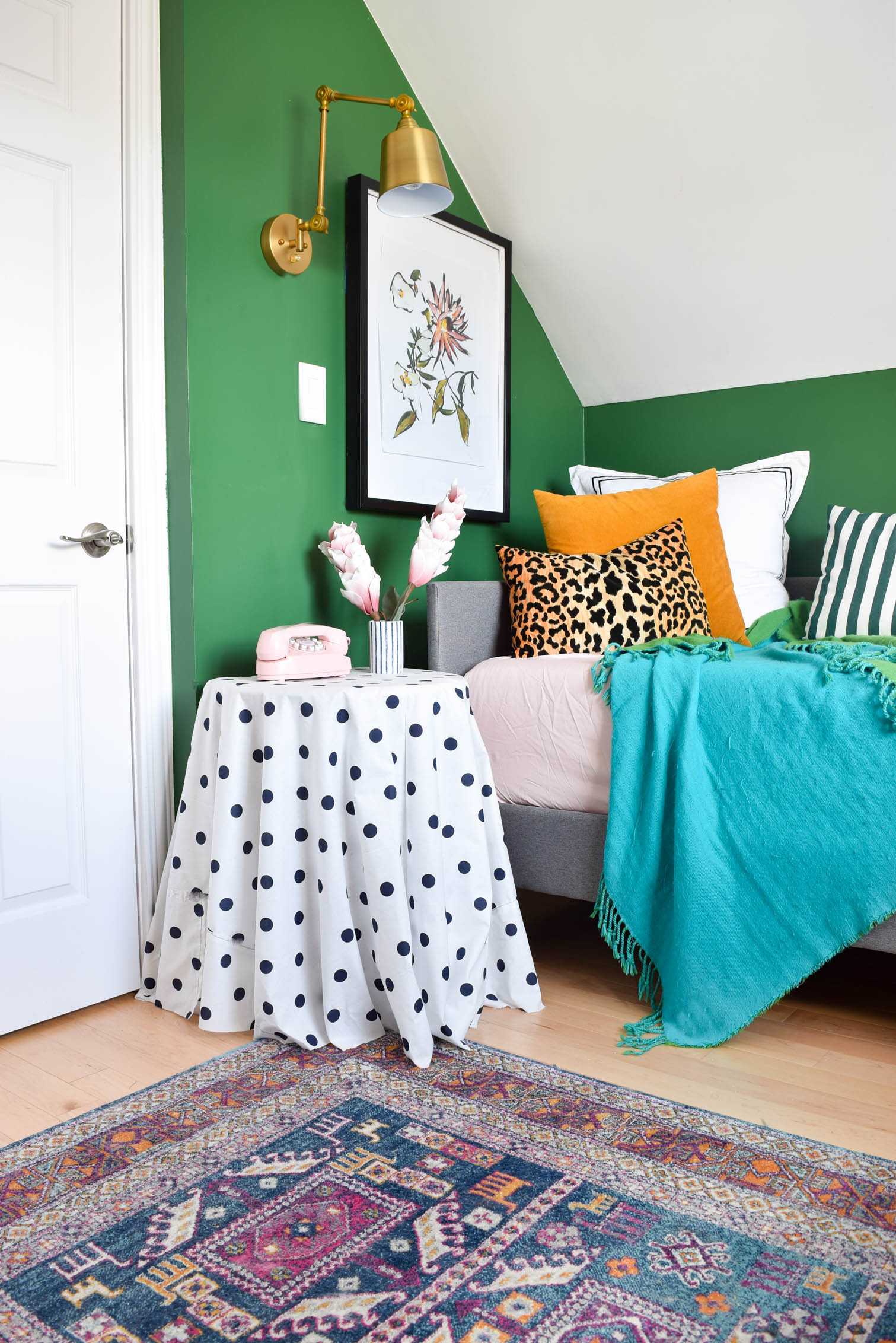 A Colourful & Eclectic Guest Room (& office) that looks like it came straight from a magazine! Full of charm and curated finds. Come see how we make an MCM daybed work with a buffalo plaid dresser and lots of saturated hues.