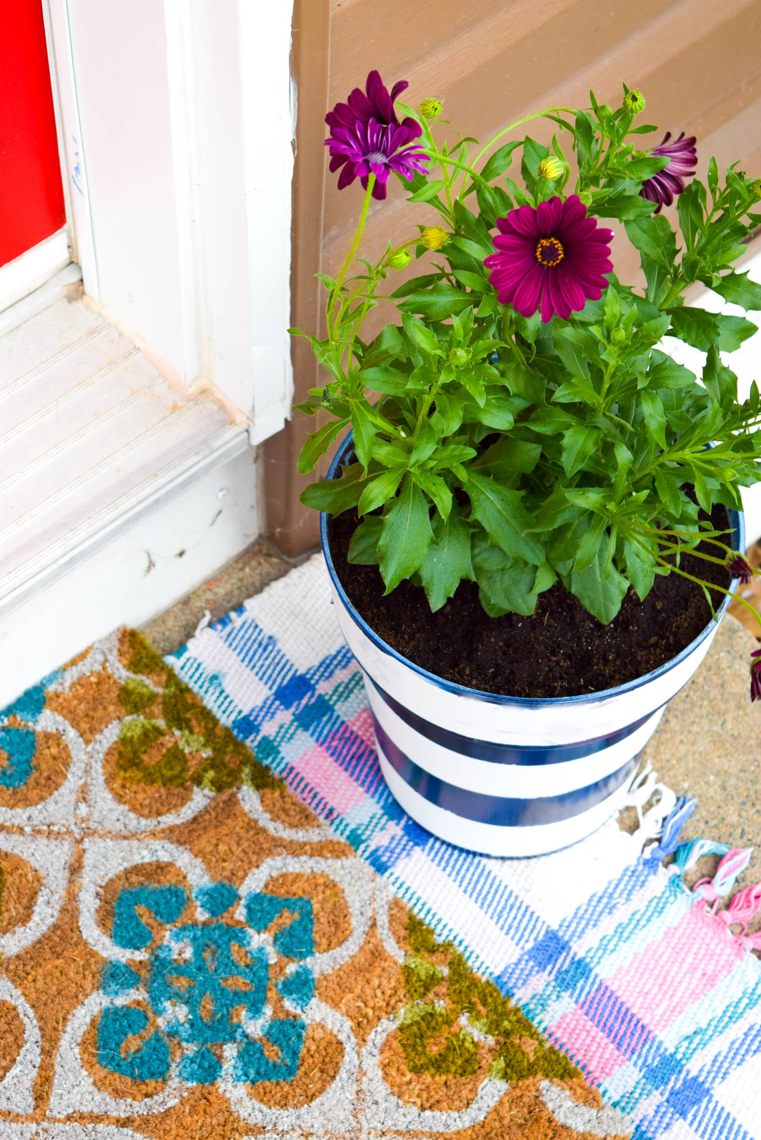 Create the colour coordinated front porch situation of your dreams with DIY spray painted striped planters using the Krylon & Tiffany Pratt colour collection.