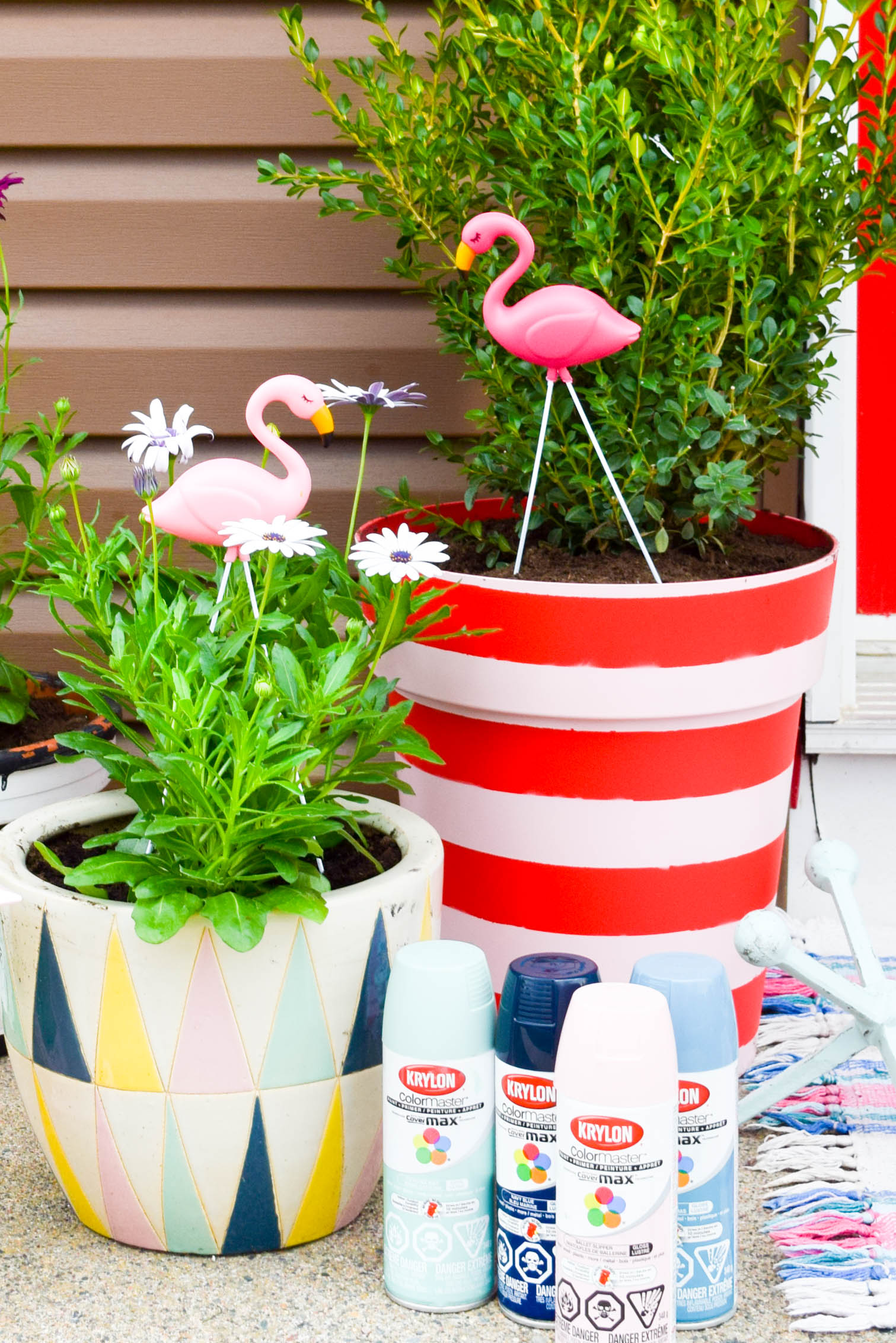 Create the colour coordinated front porch situation of your dreams with DIY spray painted striped planters using the Krylon & Tiffany Pratt colour collection.