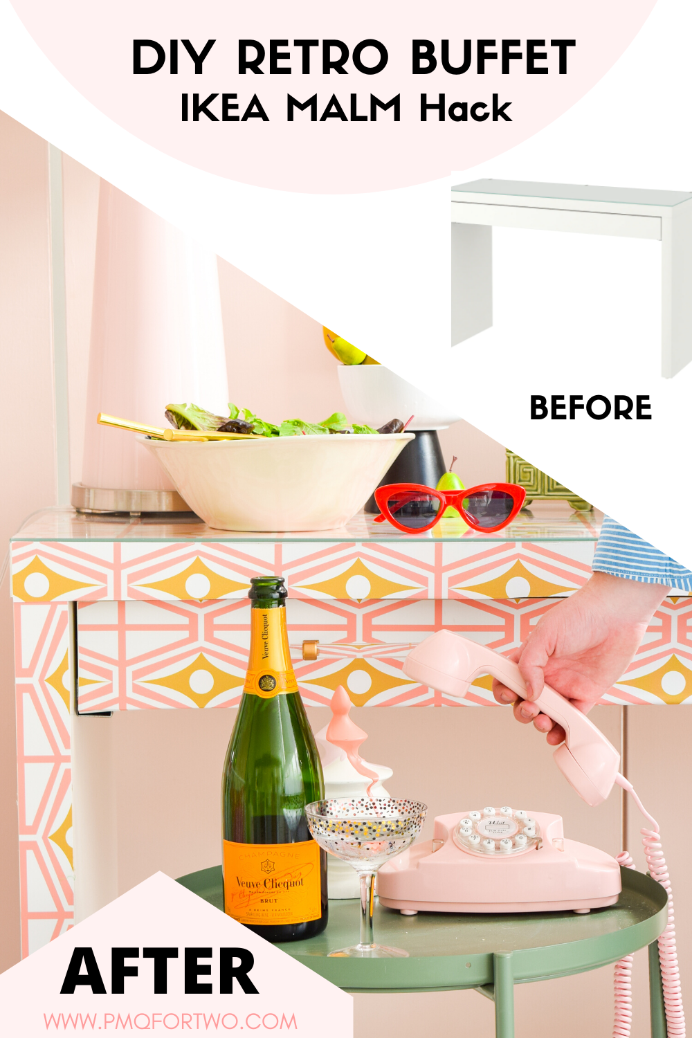 Breathe new life into some old IKEA furniture with fresh hardware, and a bold print. DIY an IKEA Sideboard Hack using Spoonflower's removable wallpaper designs, coupled with Liberty Brand Hardware, to create a striking piece, and an entertaining classic: a movable bar cart and sideboard.