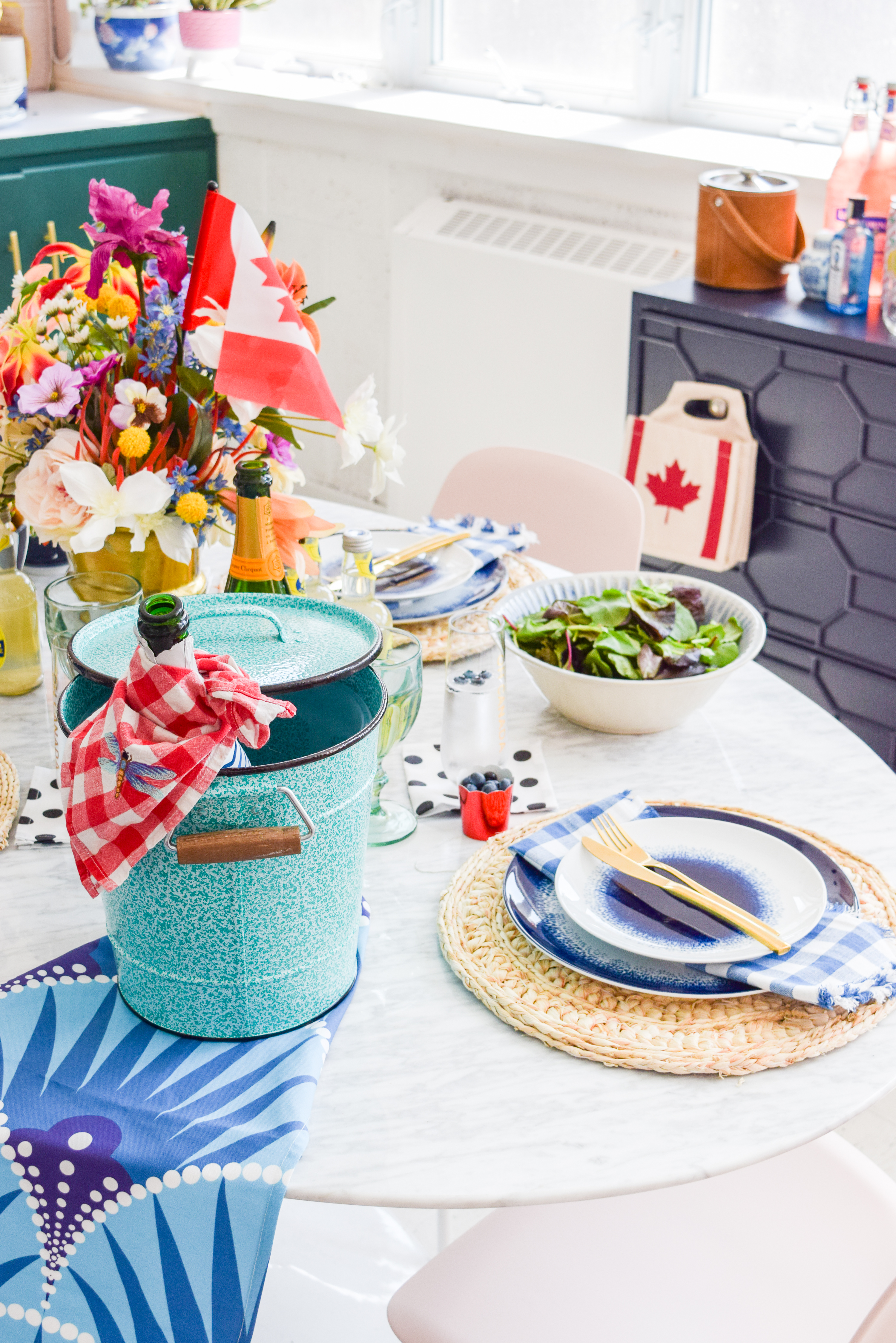 A patriotic Canada Day Blue & Floral Tablescape, that bristles with personality. Bold colours, great patterns, and traditional touches make it personal. I capped it off with Homesense finds, and Roostery linens. Grab some for yourself!