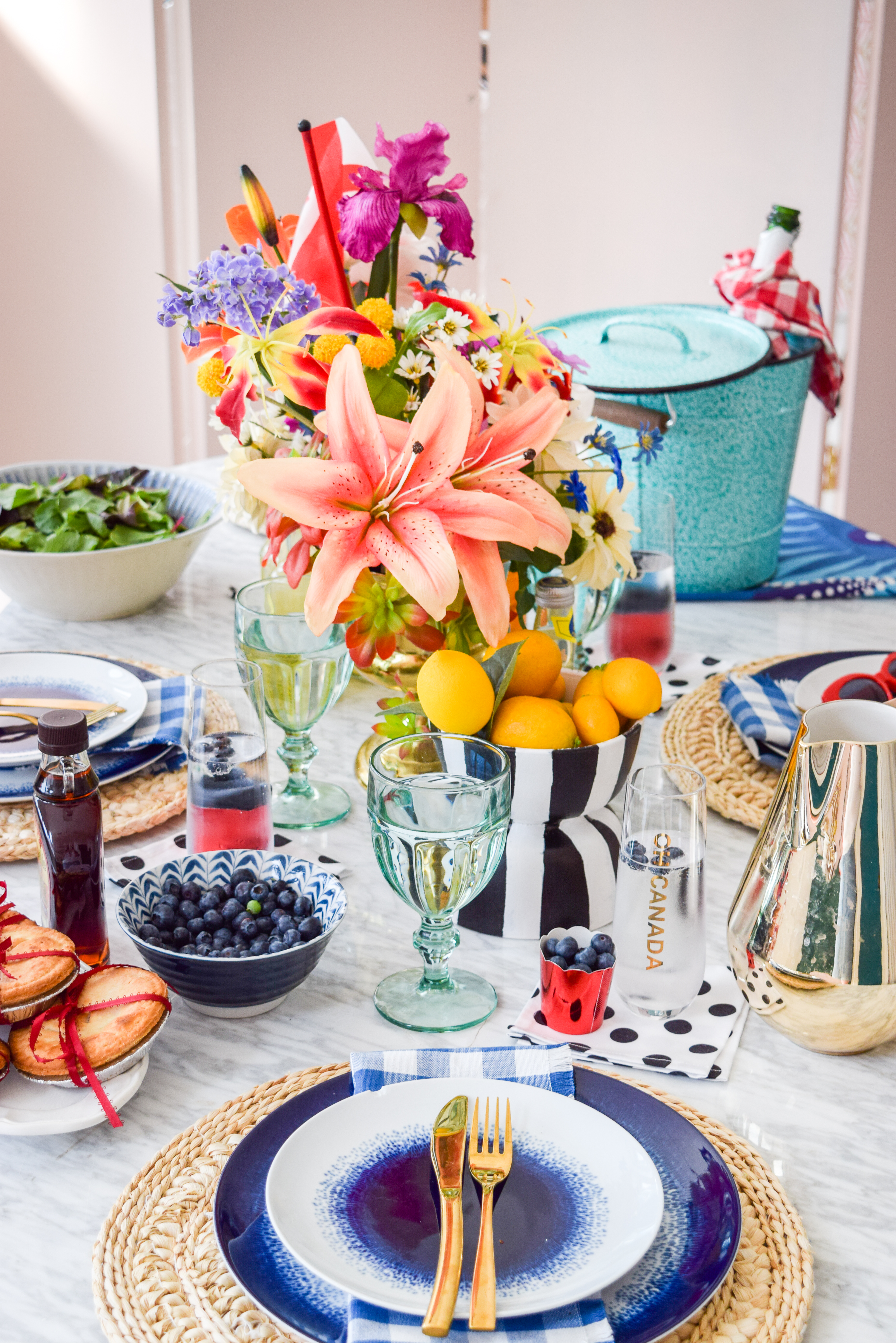 A patriotic Canada Day Blue & Floral Tablescape, that bristles with personality. Bold colours, great patterns, and traditional touches make it personal. I capped it off with Homesense finds, and Roostery linens. Grab some for yourself!