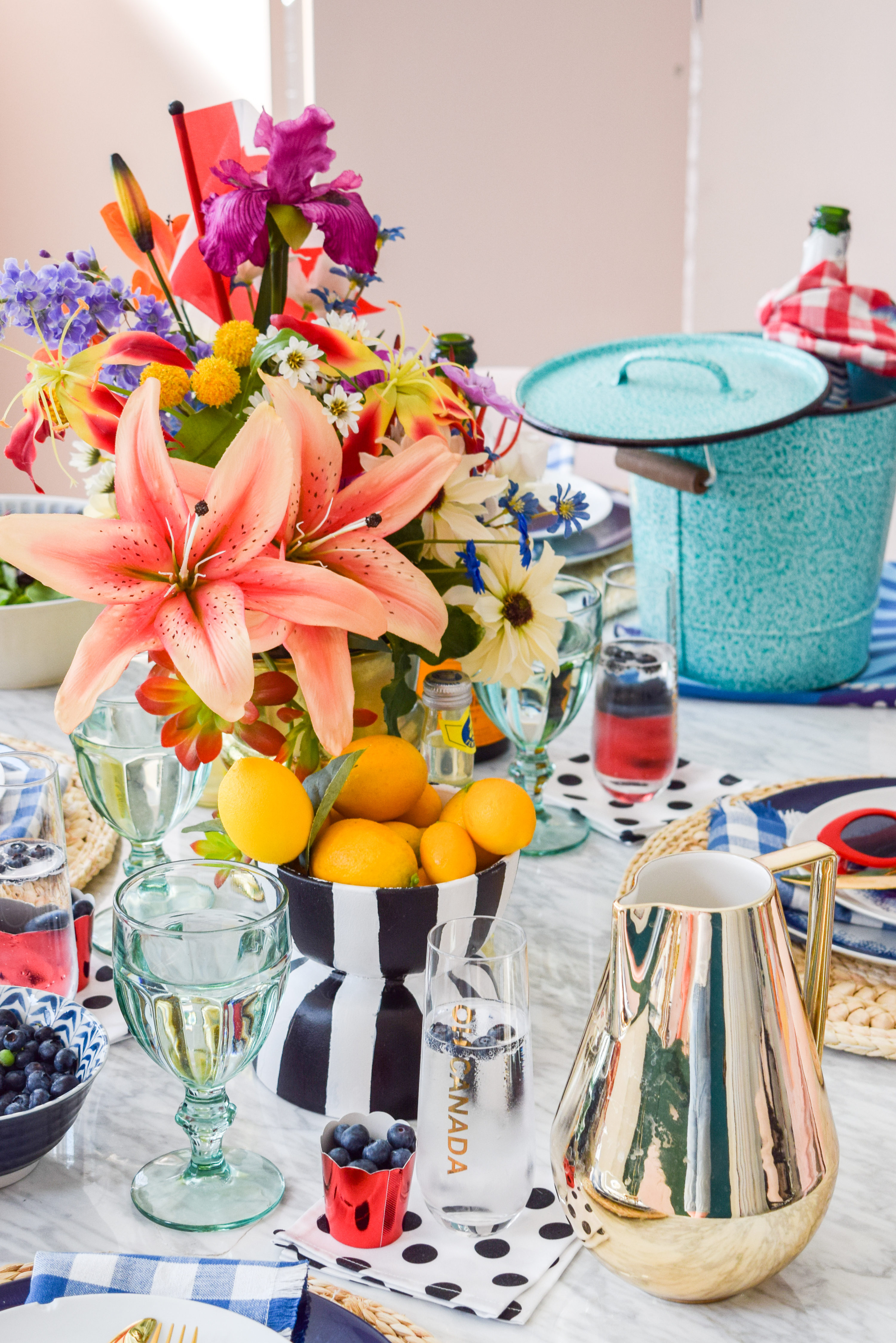 A patriotic Canada Day Blue & Floral Tablescape, that bristles with personality. Bold colours, great patterns, and traditional touches make it personal. I capped it off with Homesense finds, and Roostery linens. Grab some for yourself!