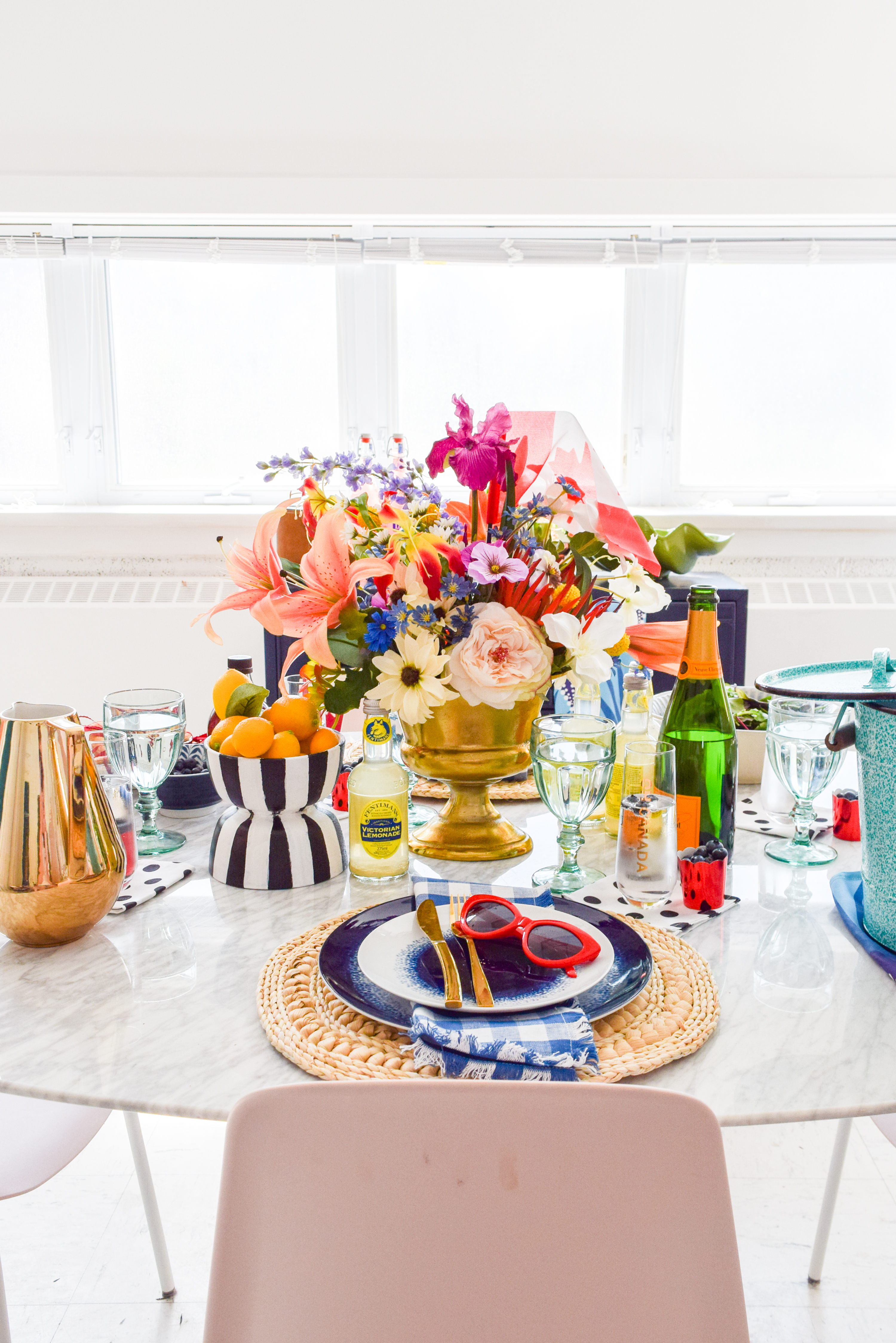 A patriotic Canada Day Blue & Floral Tablescape, that bristles with personality. Bold colours, great patterns, and traditional touches make it personal. I capped it off with Homesense finds, and Roostery linens. Grab some for yourself!