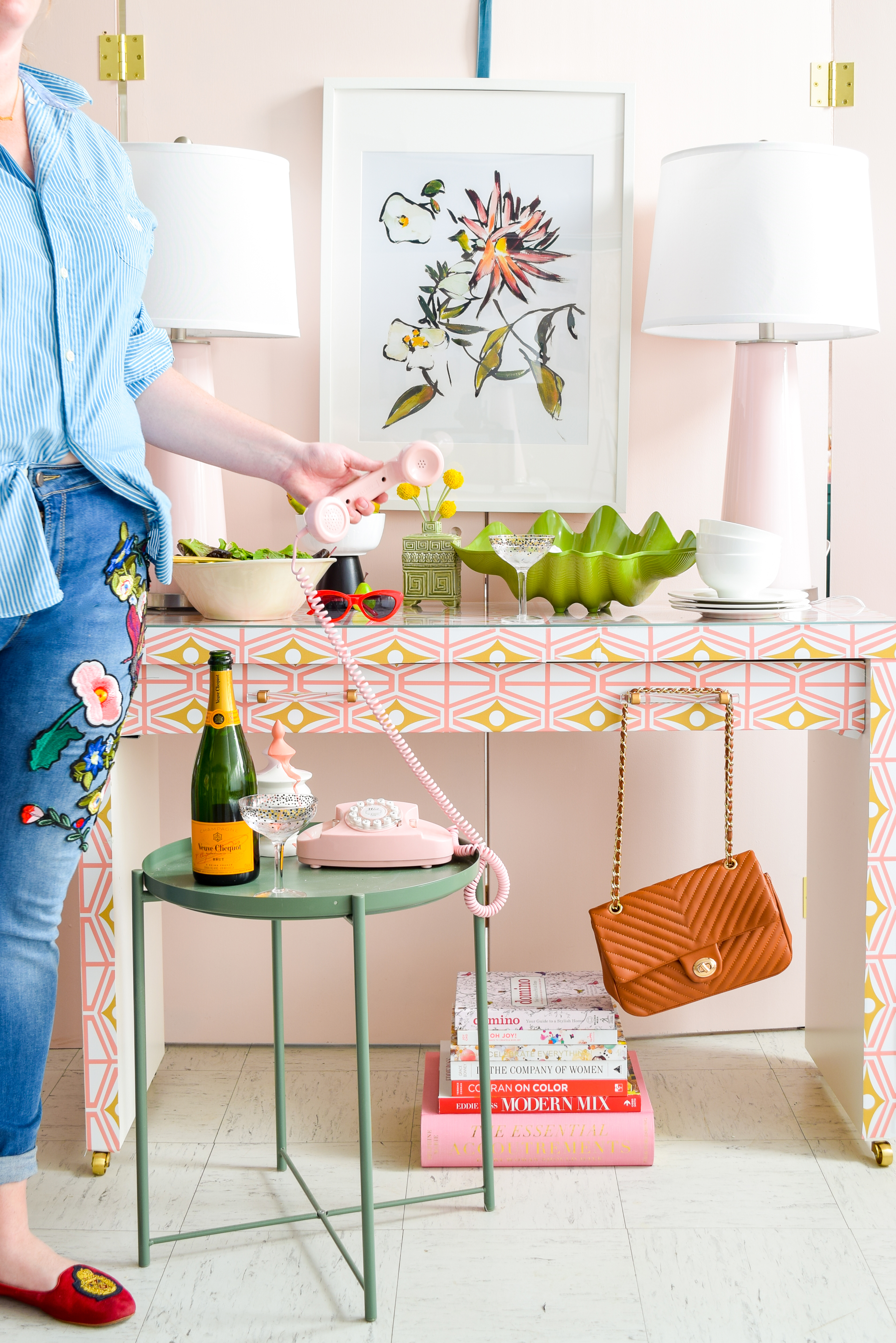 Breathe new life into some old IKEA furniture with fresh hardware, and a bold print. DIY an IKEA Sideboard Hack using Spoonflower's removable wallpaper designs, coupled with Liberty Brand Hardware, to create a striking piece, and an entertaining classic: a movable bar cart and sideboard.