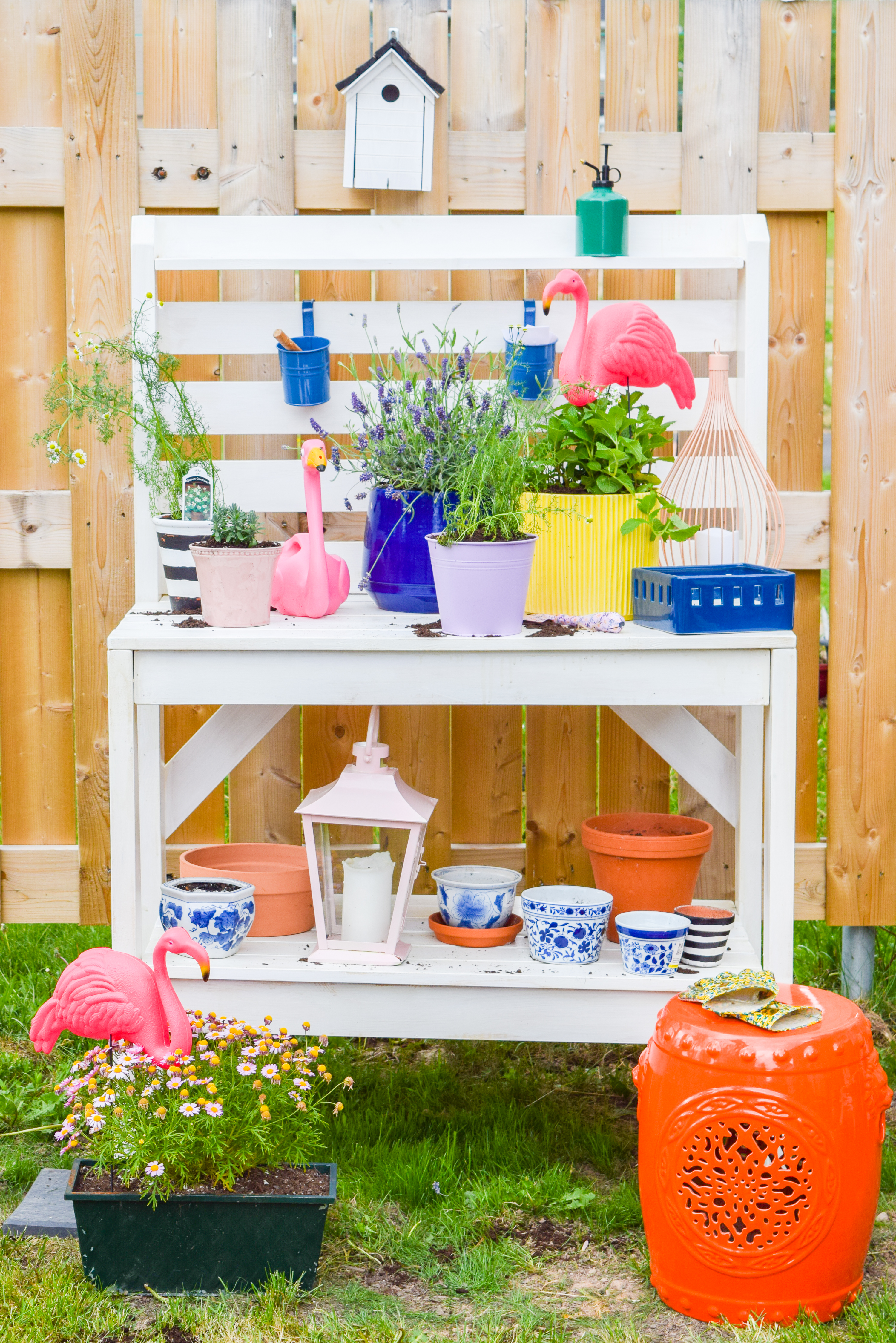 Looking for mosquito relief without all the candles and sprays? Try these mosquito repellent planters full of herbs and plants that keep them at bay. While you're at it, give your potting bench an update with a stylish white wash and a proper top coat to see it through the weather.