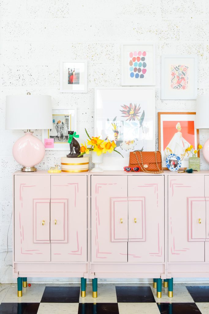 Create a Wes Anderson Inspired Entryway Console with a fresh coat of paint, new lamps, and Pretty Pegs. With these slick new Swedish mid century furniture legs + knobs, you can re-format any piece, while the new Color Plus lamps are the perfect shade for the space. 