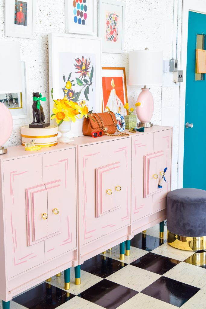 Create a Wes Anderson Inspired Entryway Console with a fresh coat of paint, new lamps, and Pretty Pegs. With these slick new Swedish mid century furniture legs + knobs, you can re-format any piece, while the new Color Plus lamps are the perfect shade for the space. 