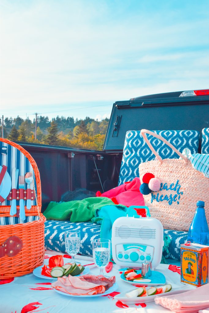 picnic out the back of a truck with blue sky