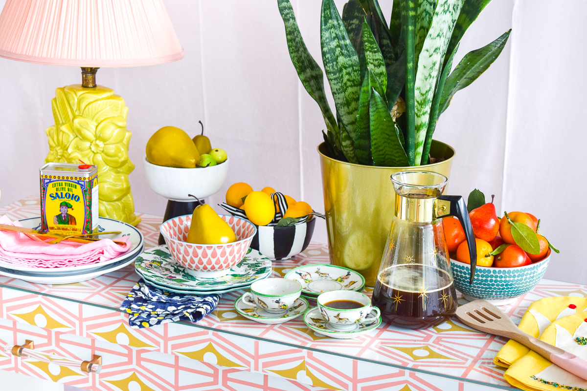 food on a colourful sideboard