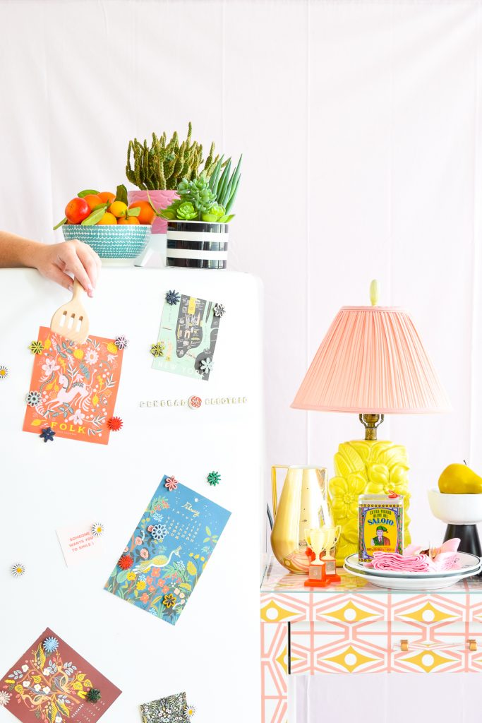 fridge and countertop in bright colors and patterns