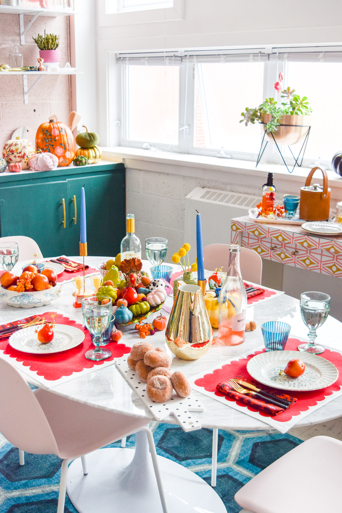 colourful fall tablescape on a marble table