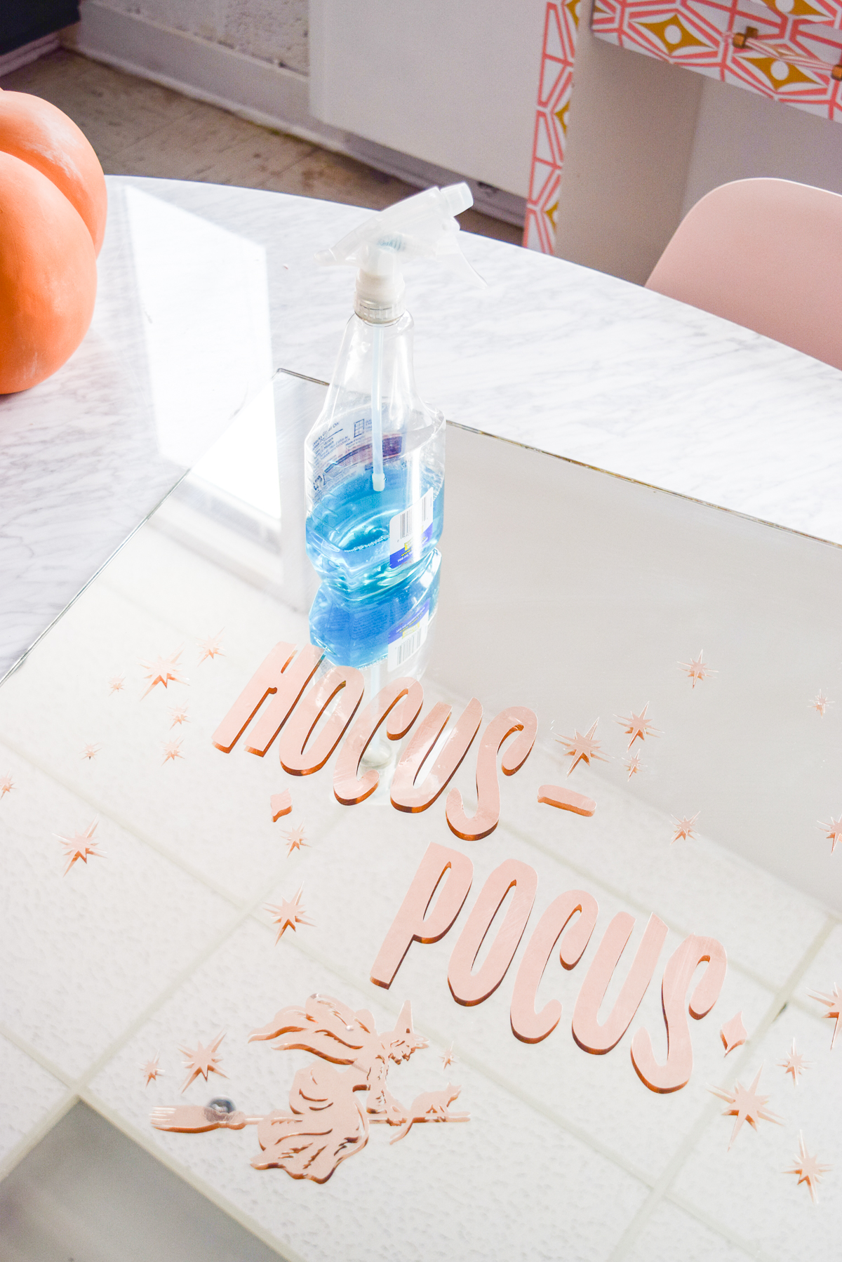 pink hocus pocus vinyl decal on a mirror