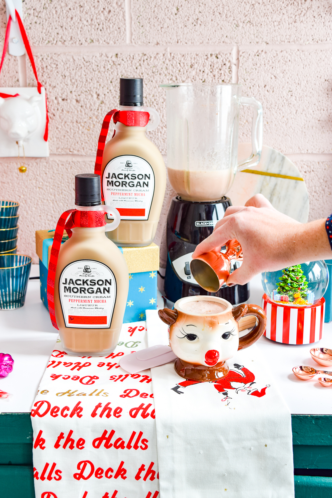 Girl, if you have not made a batch of these whiskey peppermint mocha frozen hot chocolates by the time you're done reading the post, you're doing it wrong. Jackson Morgan's Southern Cream is a tasty addition to any seasonal beverage, and it MAKES this one. #peppermintmocha #jacksonmorgan