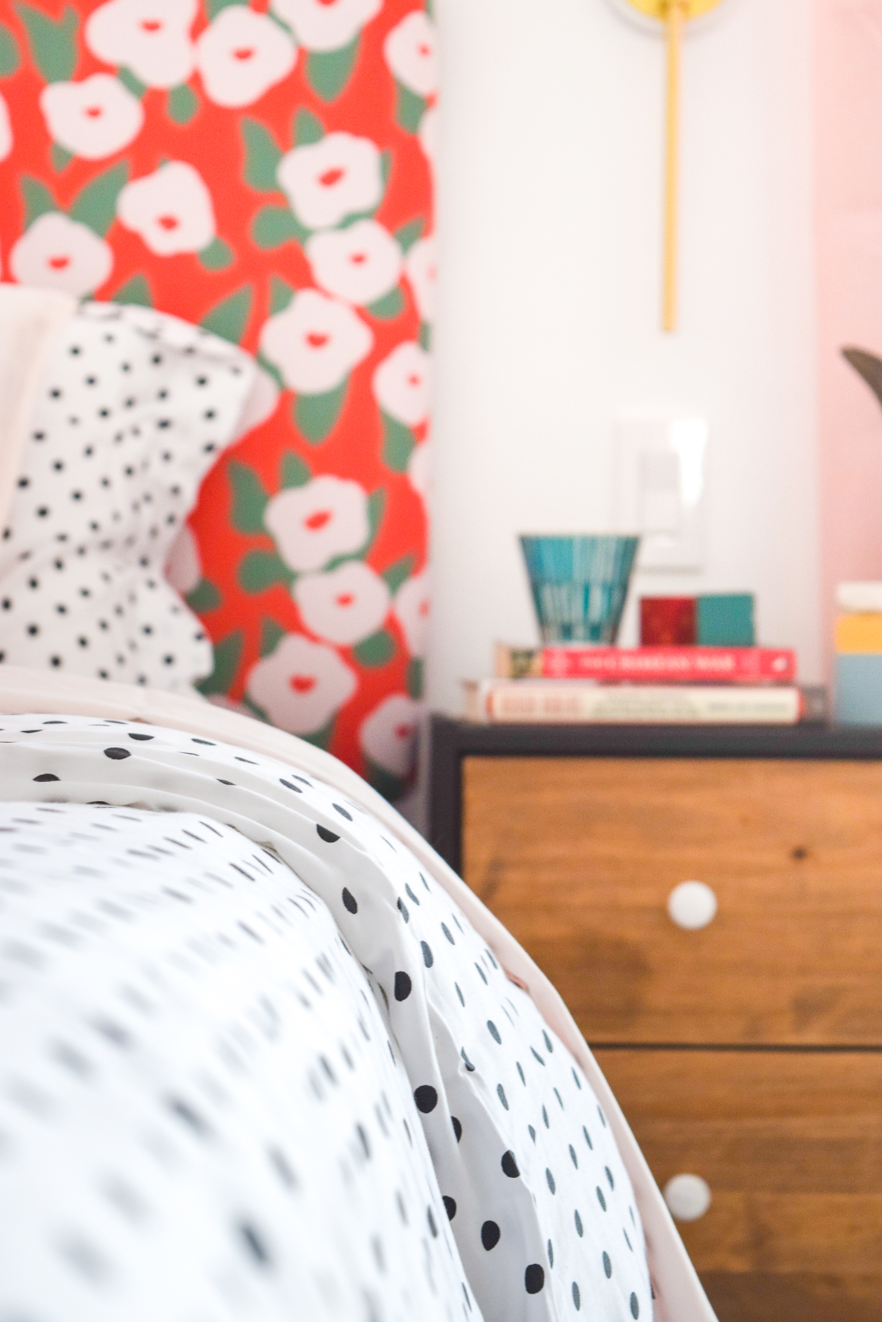 Our Floral Glam Master Bedroom + Closet is a feast for the eyes! Using a simple palette, but lots of pattern and metallics, we created our own oasis.