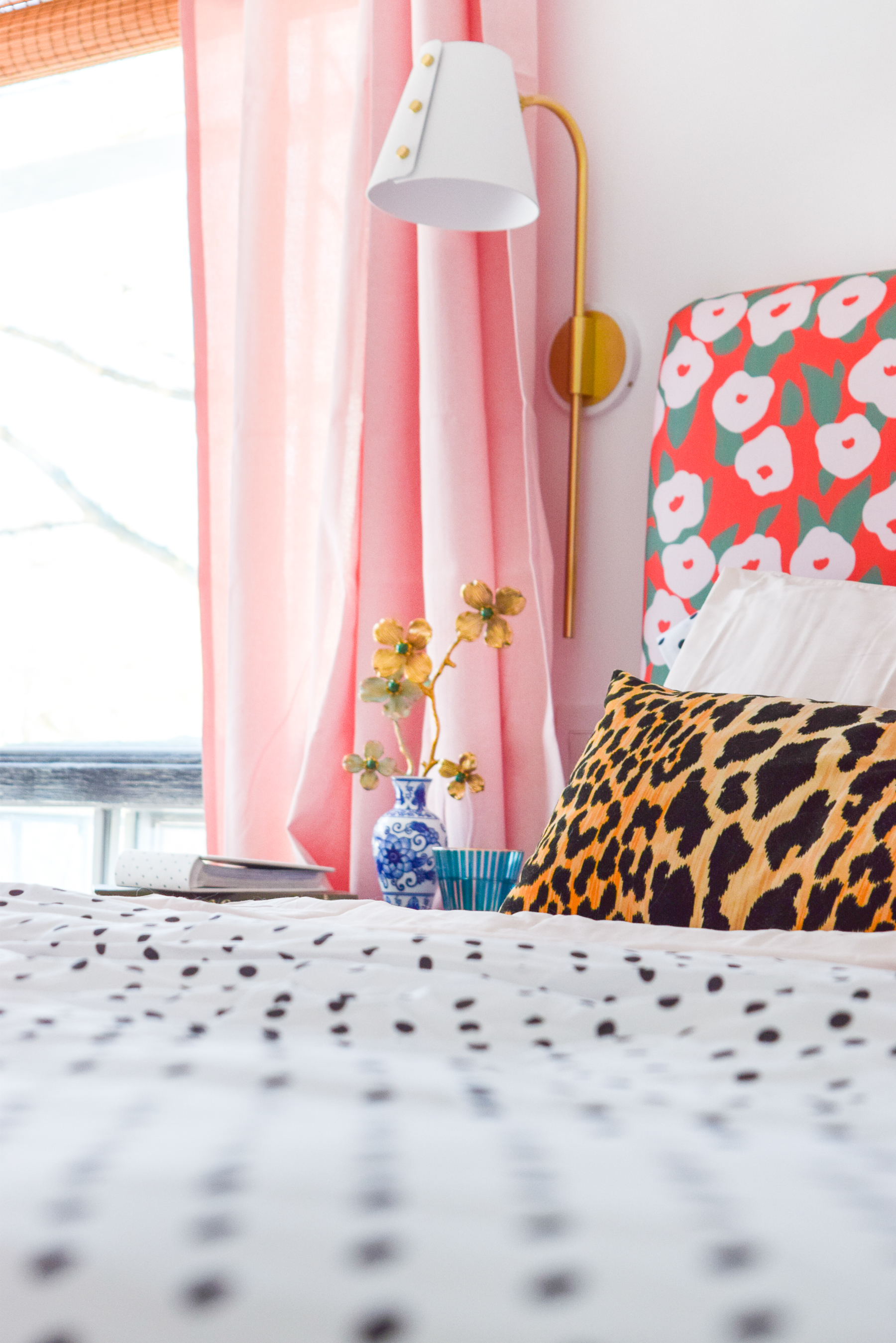 Our Floral Glam Master Bedroom + Closet is a feast for the eyes! Using a simple palette, but lots of pattern and metallics, we created our own oasis.