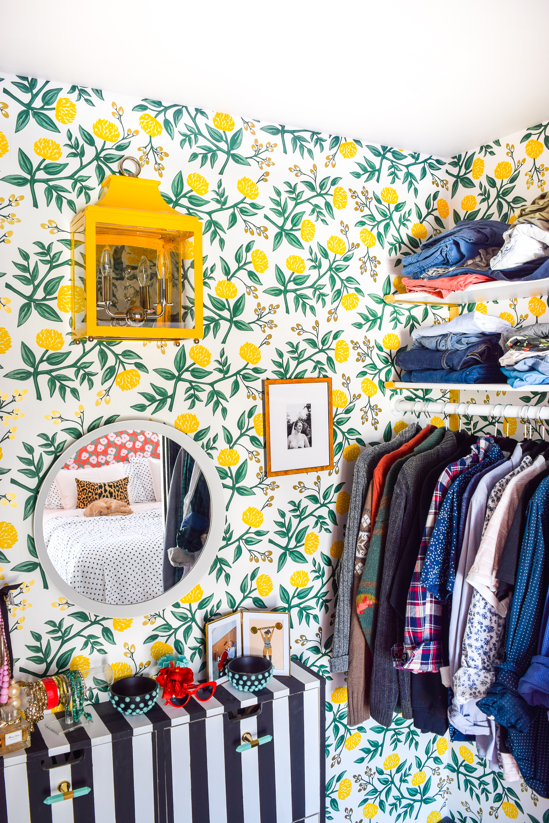 Our Floral Glam Master Bedroom + Closet is a feast for the eyes! Using a simple palette, but lots of pattern and metallics, we created our own oasis.