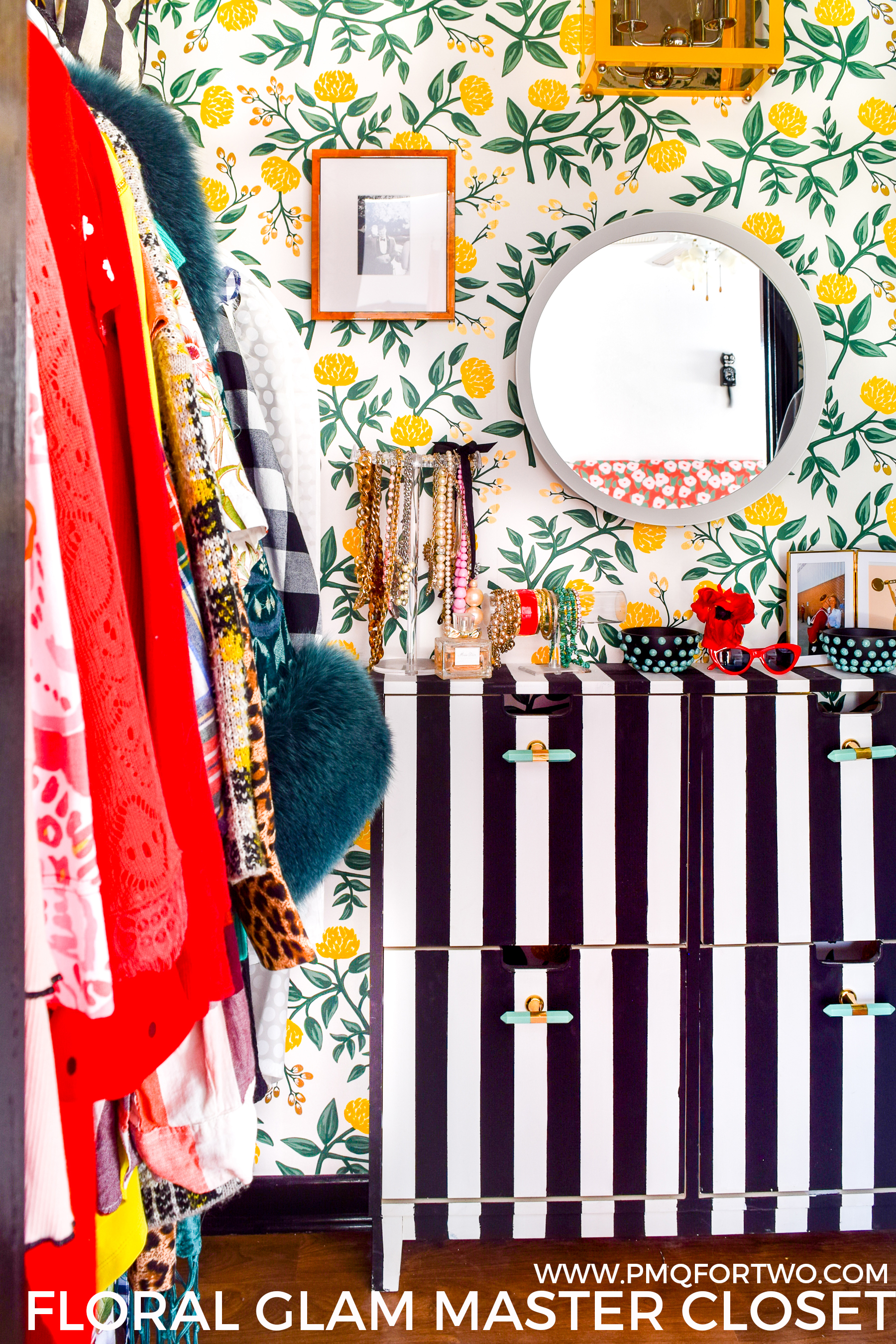 A Floral Glam Master Closet is something we all need, especially when it comes with gold shelf brackets from Crates & Pallet that look oh-so-chic.