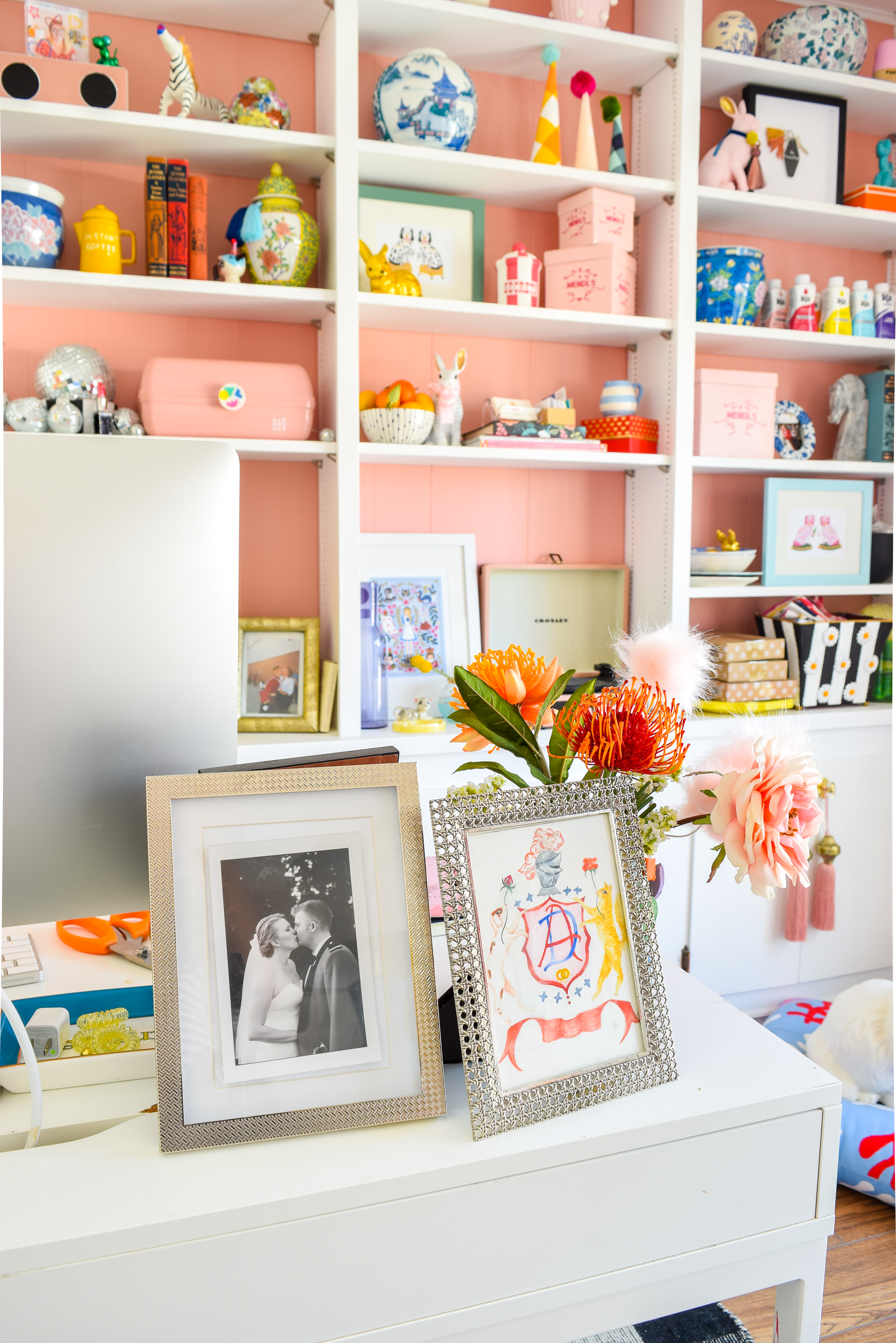 We painted our wood panelling in a bright white and Noble Blush (pink) from BEHR paint, to create a feminine and colourful home office space. We painted our wood panelling in a bright white and Noble Blush (pink) from BEHR paint, to create a feminine and colourful home office space.