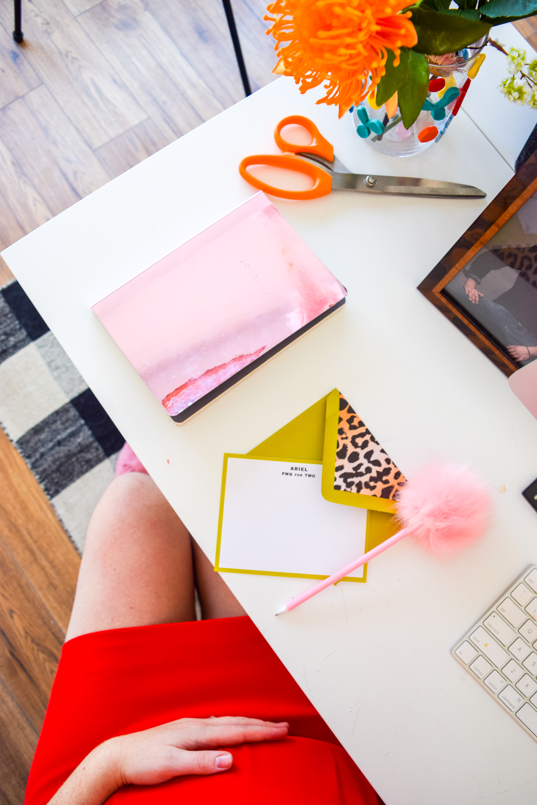 We painted our wood panelling in a bright white and Noble Blush (pink) from BEHR paint, to create a feminine and colourful home office space. We painted our wood panelling in a bright white and Noble Blush (pink) from BEHR paint, to create a feminine and colourful home office space.