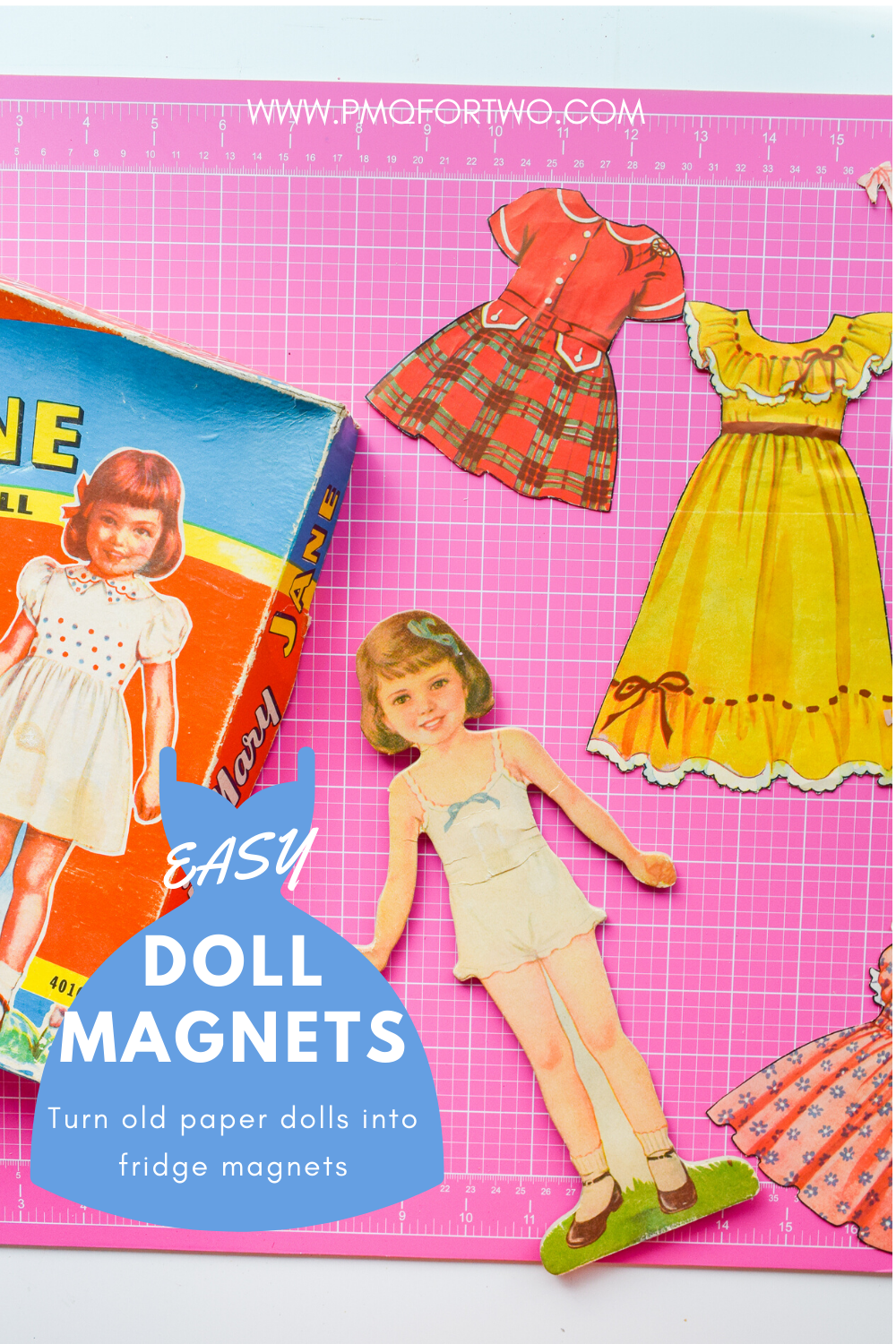 Got an old paper doll set? Add some magnetic sheeting them, and stick them to your fridge for a fun set of DIY retro doll fridge magnets.