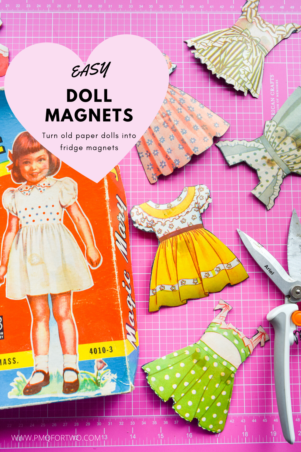 Got an old paper doll set? Add some magnetic sheeting them, and stick them to your fridge for a fun set of DIY retro doll fridge magnets.