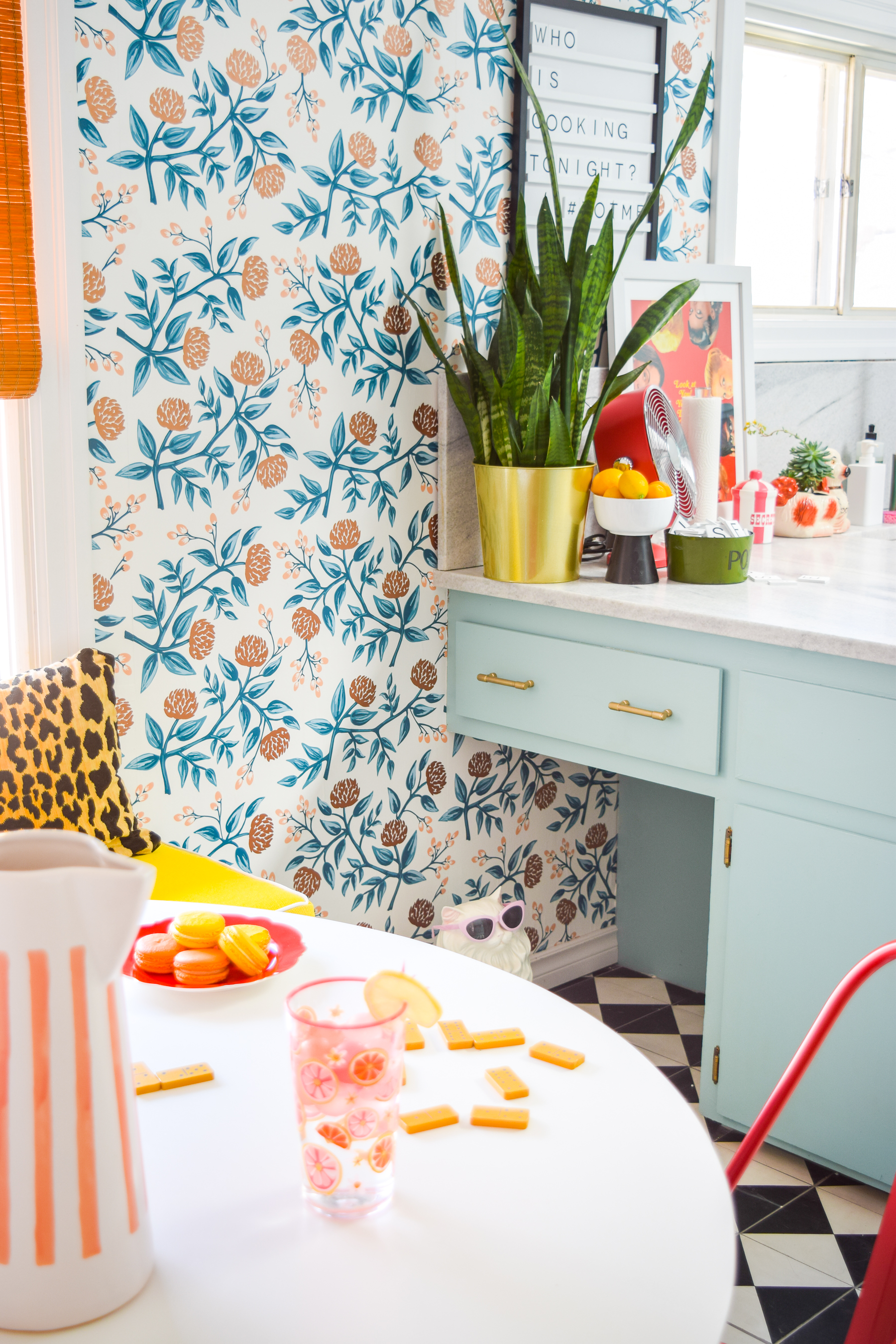 Our retro glam kitchen renovations are done! Come see how we transformed our dated kitchen, into a modern oasis, full of colour and pattern.