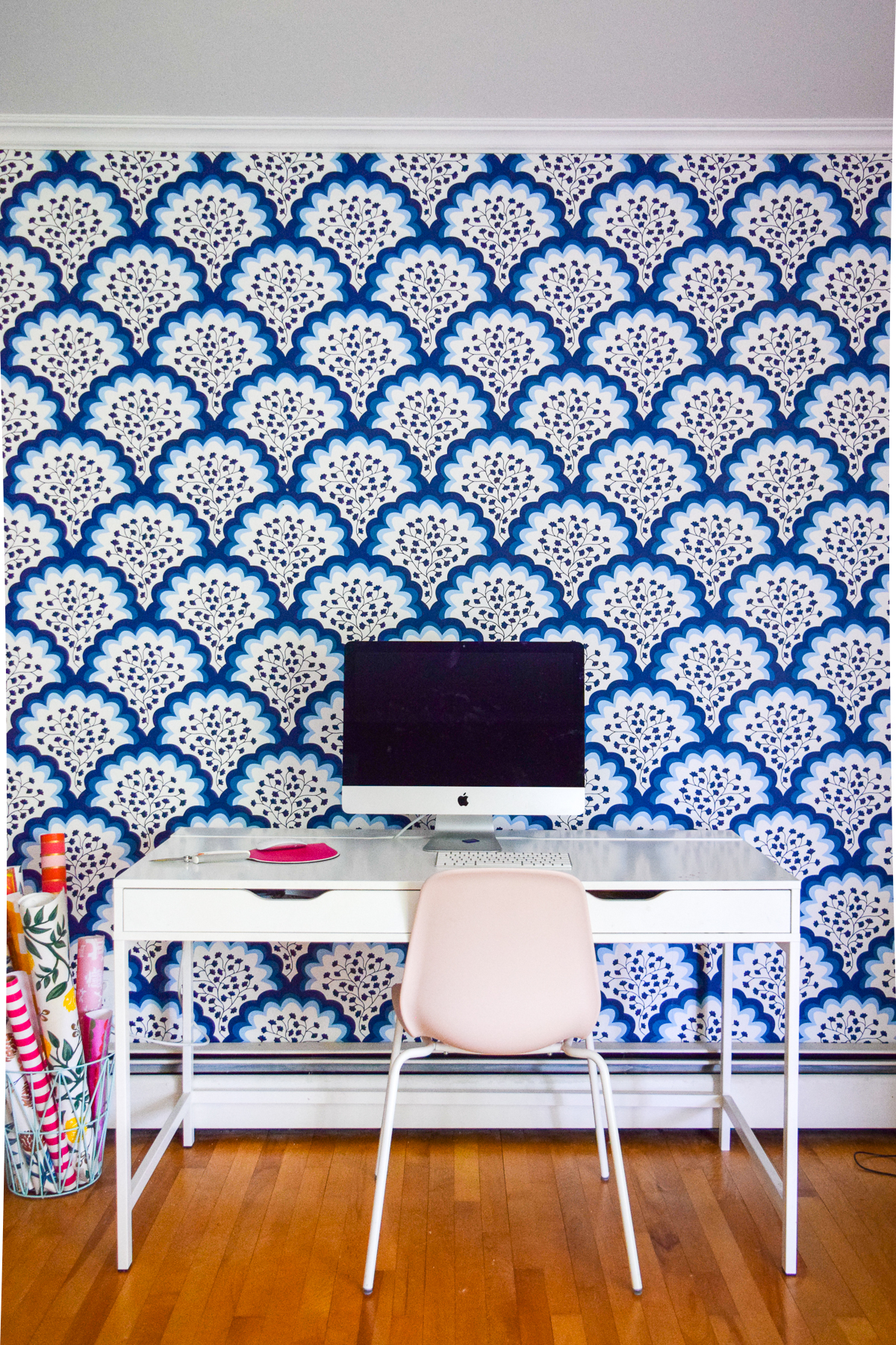 Sewing a DIY Table Skirt for a desk, is a great way to hide a tired and old work station. It's easy to sew, and adds a pop of pattern to any space.