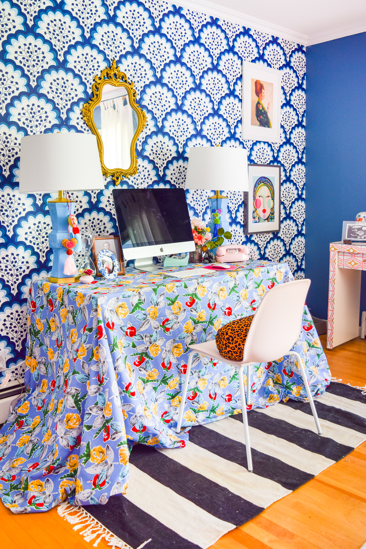 Sewing a DIY Table Skirt for a desk, is a great way to hide a tired and old work station. It's easy to sew, and adds a pop of pattern to any space.