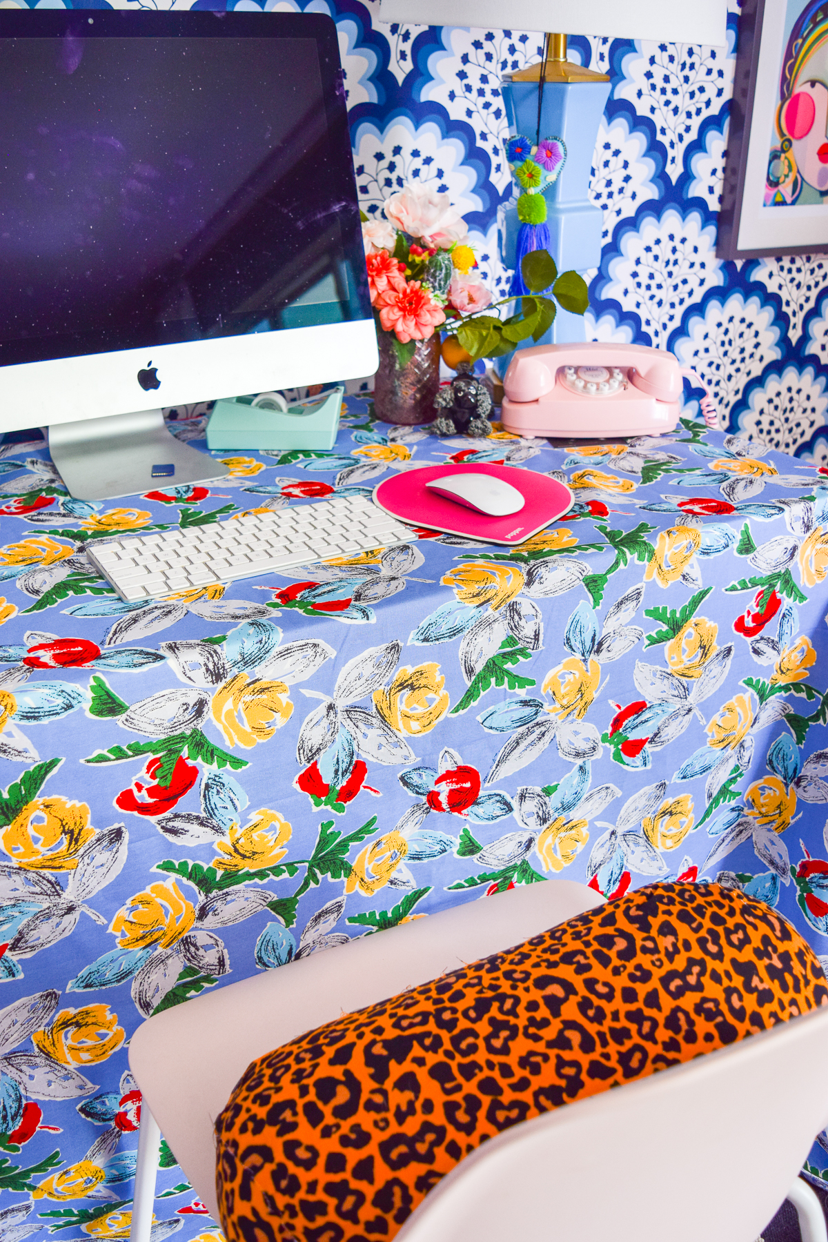 Sewing a DIY Table Skirt for a desk, is a great way to hide a tired and old work station. It's easy to sew, and adds a pop of pattern to any space.