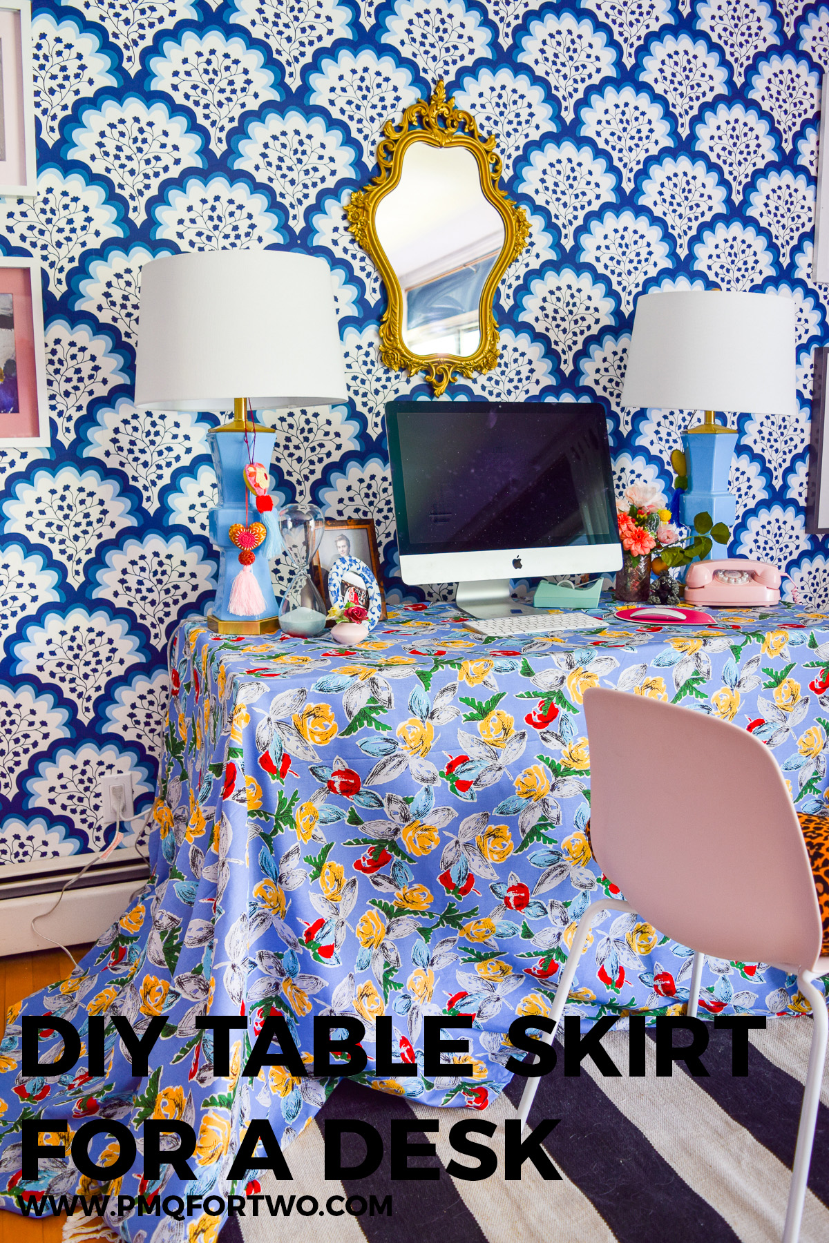 Sewing a DIY Table Skirt for a desk, is a great way to hide a tired and old work station. It's easy to sew, and adds a pop of pattern to any space.