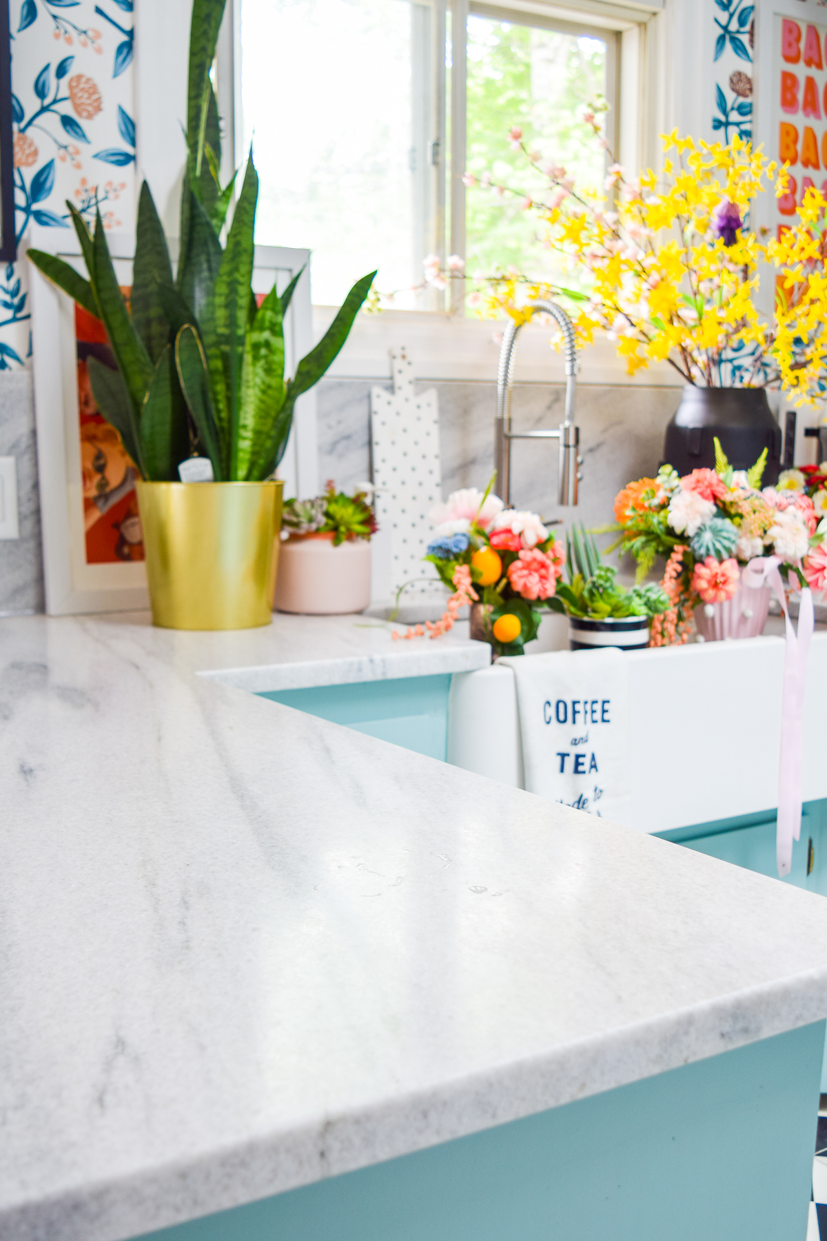 Our white cherokee marble kitchen is on display for all! We've got counters and a full height backsplash to compliment the space. Come see why we love it!